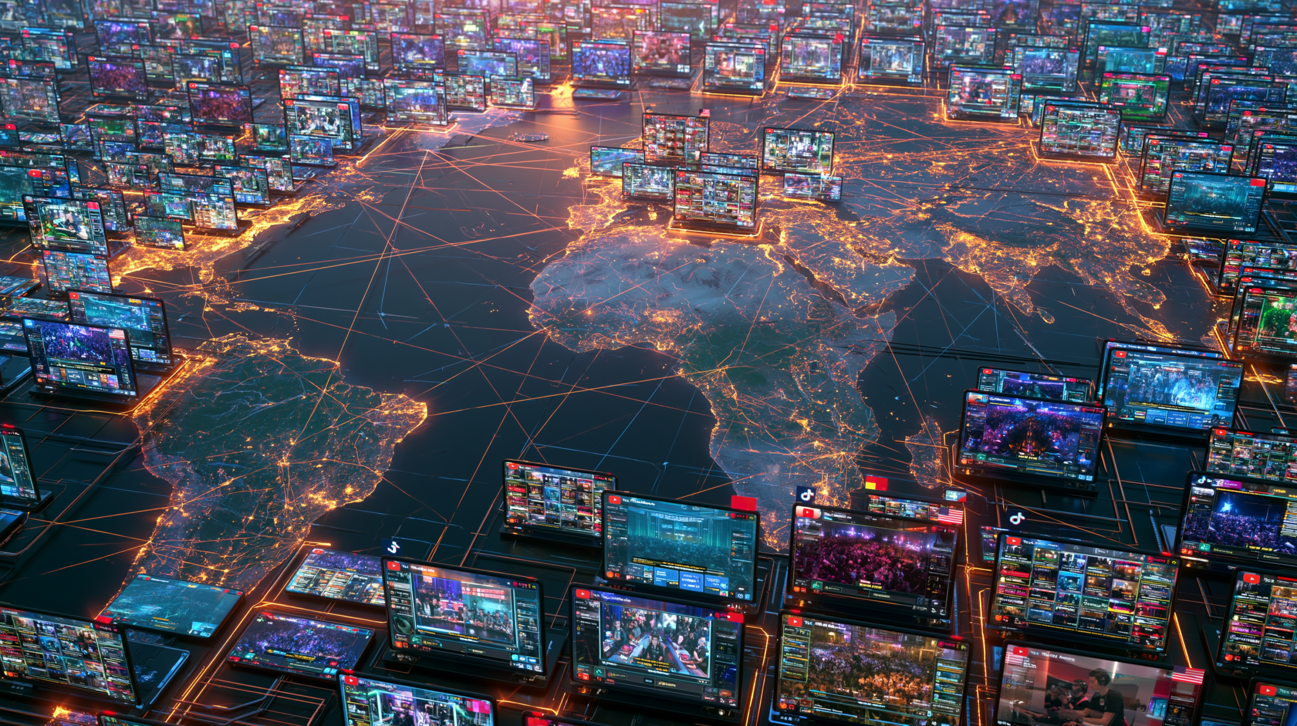 Visualização de alcance global de streaming de mobile esports mostrando múltiplas telas, plataformas como YouTube e Twitch, visualizadores em diferentes fusos horários e mapa mundial com conexões digitais