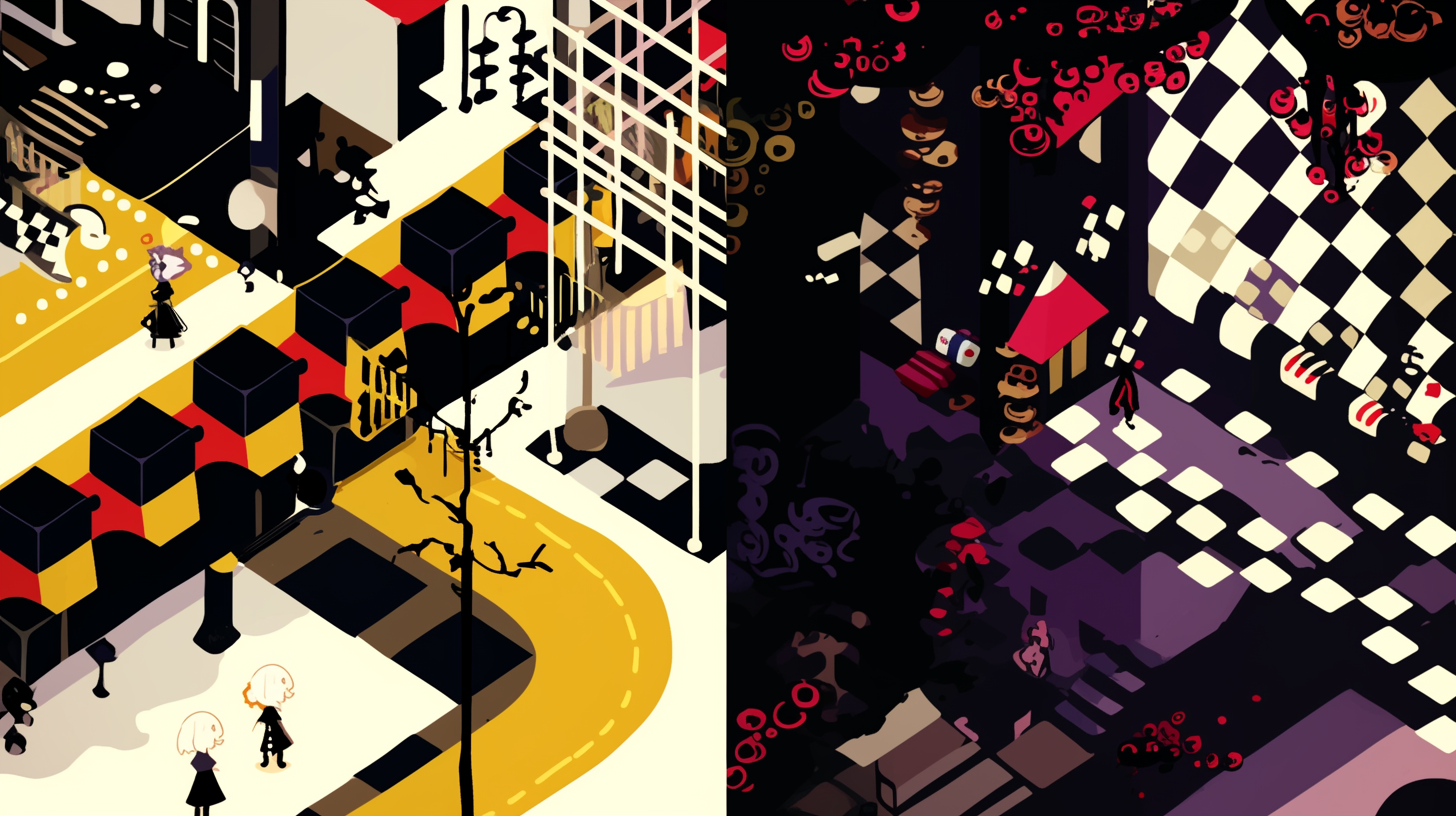 Representação visual de dois subgêneros indie populares: puzzle games com padrões coloridos e plataformers com personagem em pixel art saltando sobre obstáculos.