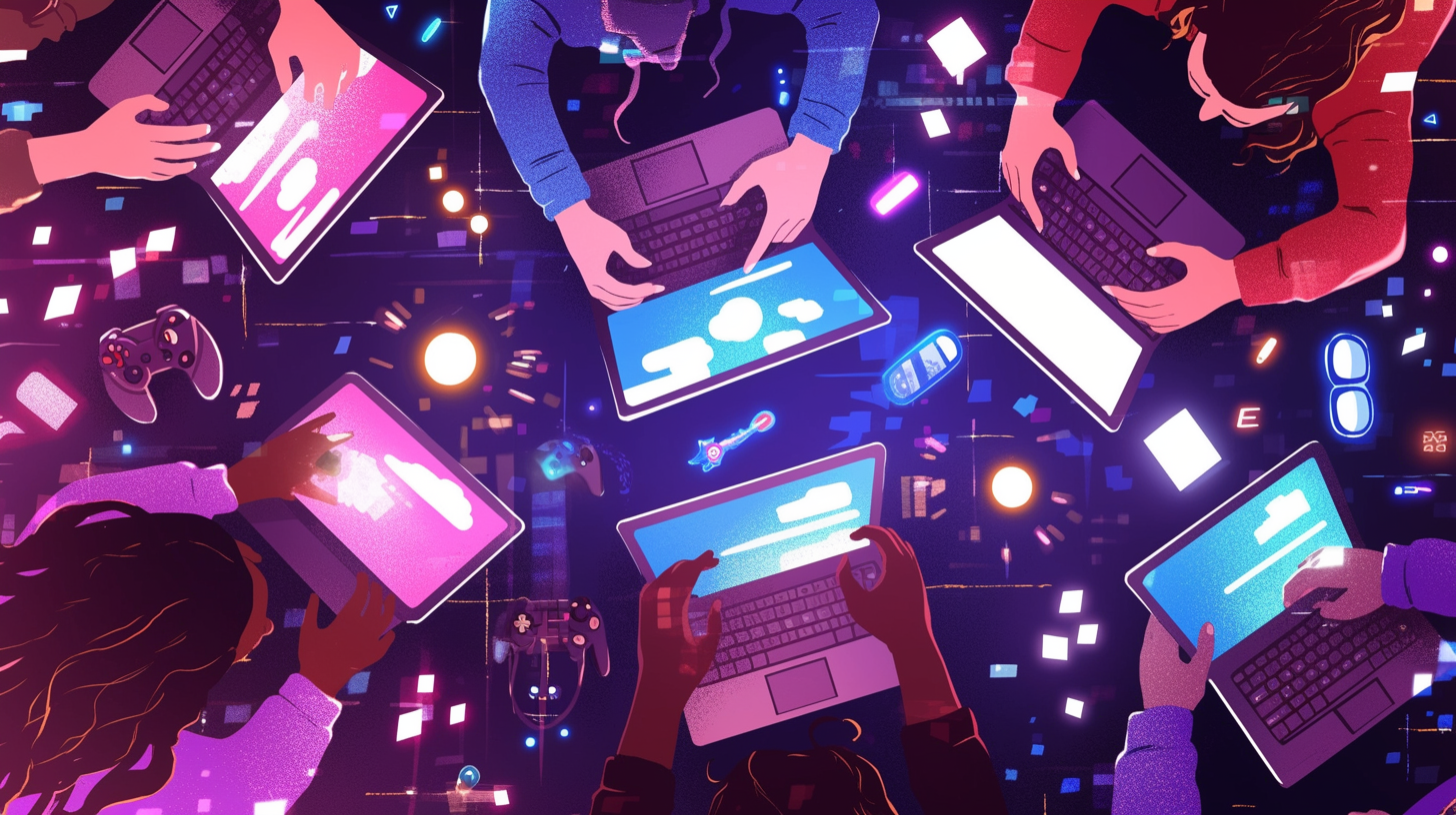 Grupo diverso de jogadores desfrutando de jogos indie em laptop, tablet e smartphone com elementos gráficos neon e minimalistas.
