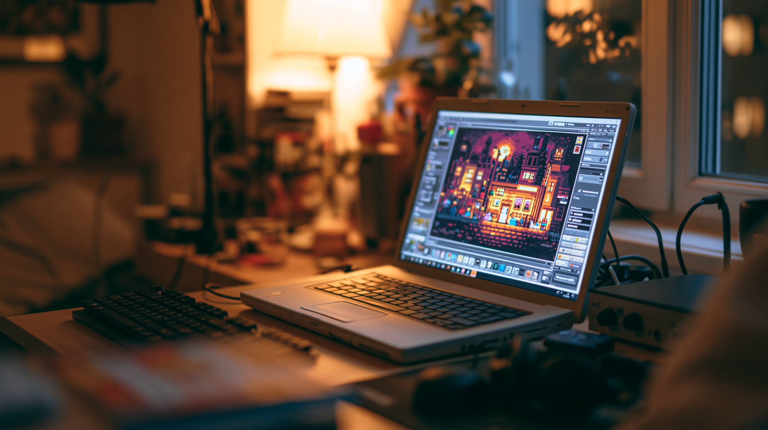 Computador portátil antigo com jogo indie 2D em execução em um espaço de trabalho minimalista e bem iluminado