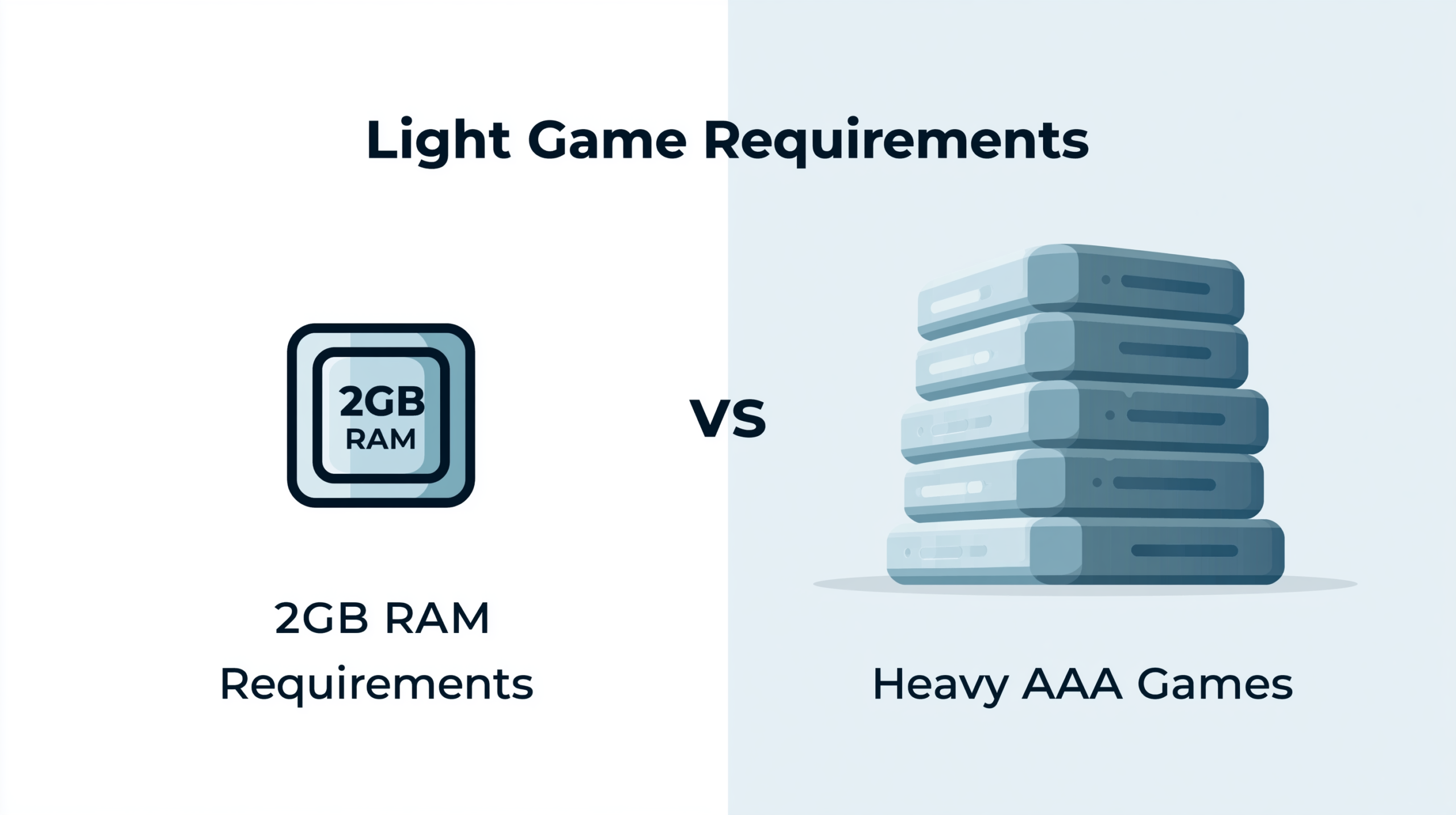 Infográfico comparativo mostrando requisitos mínimos de jogos leves versus jogos AAA pesados em estilo minimalista