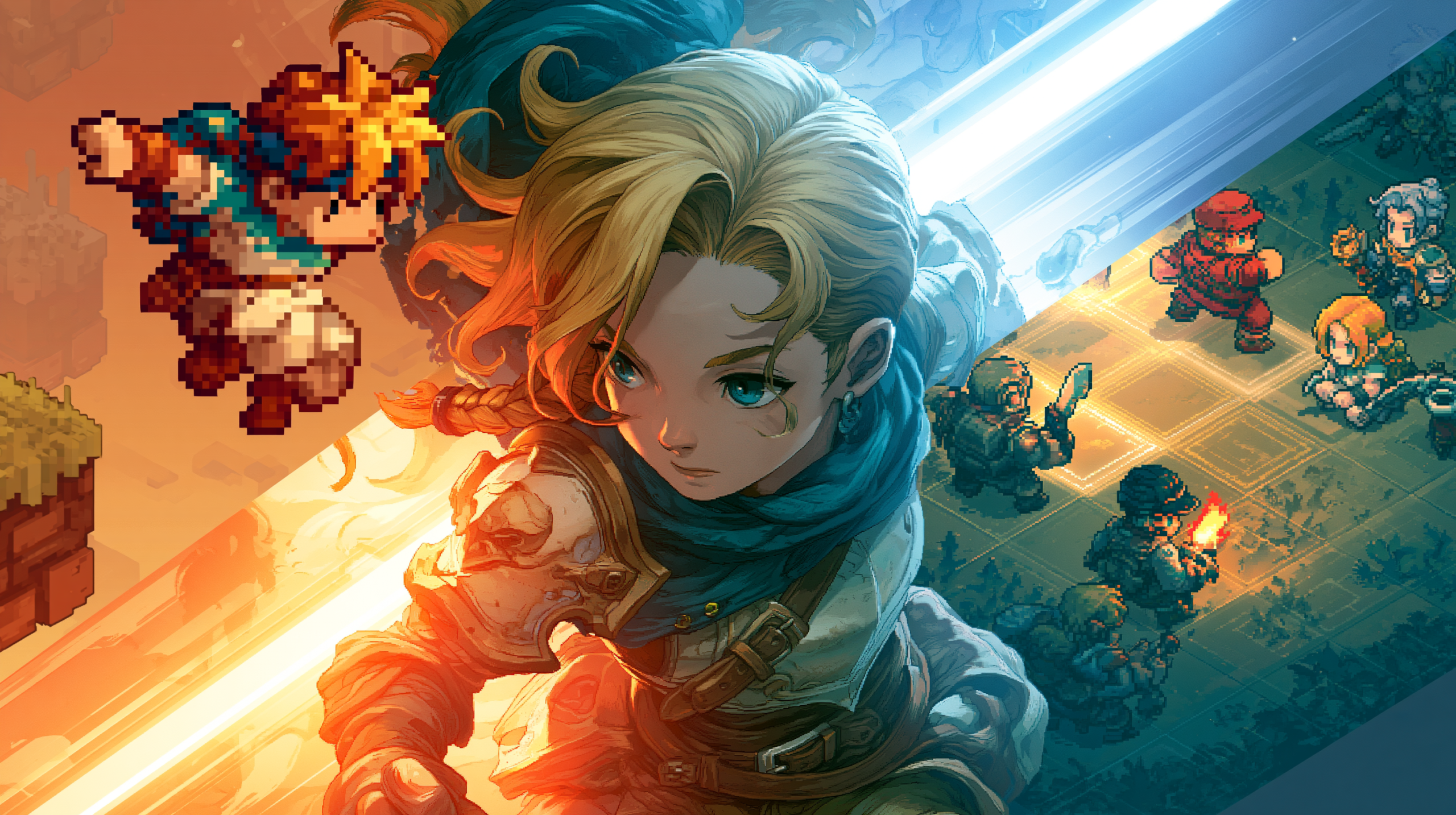 Composição visual mostrando três gêneros de jogos indie leves: plataforma pixel-art, RPG fantasia e tática baseada em grid