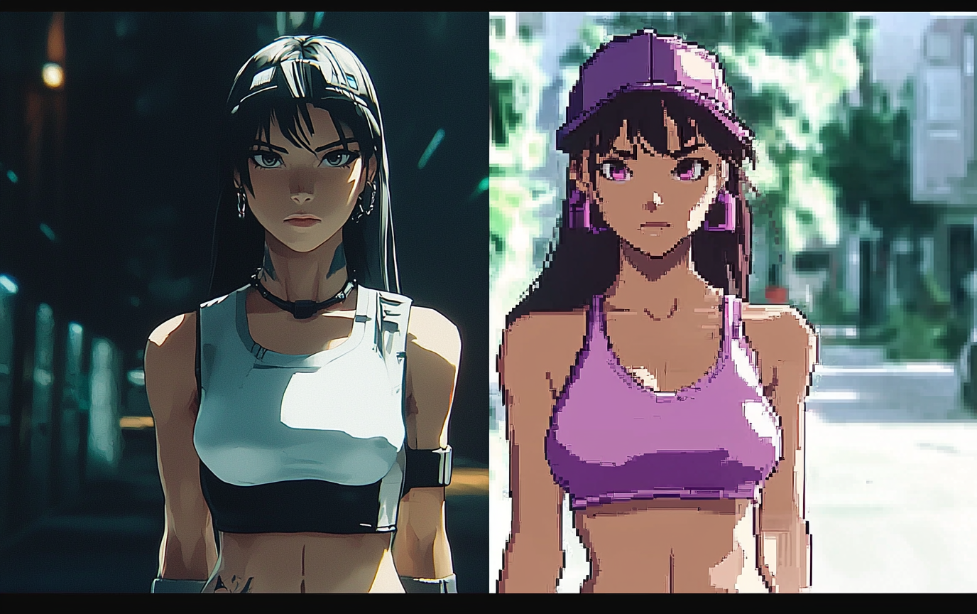 Comparação lado a lado entre personagem de jogo AAA fotorrealista e personagem pixel art mostrando apelo emocional e personalidade superior da estética retrô