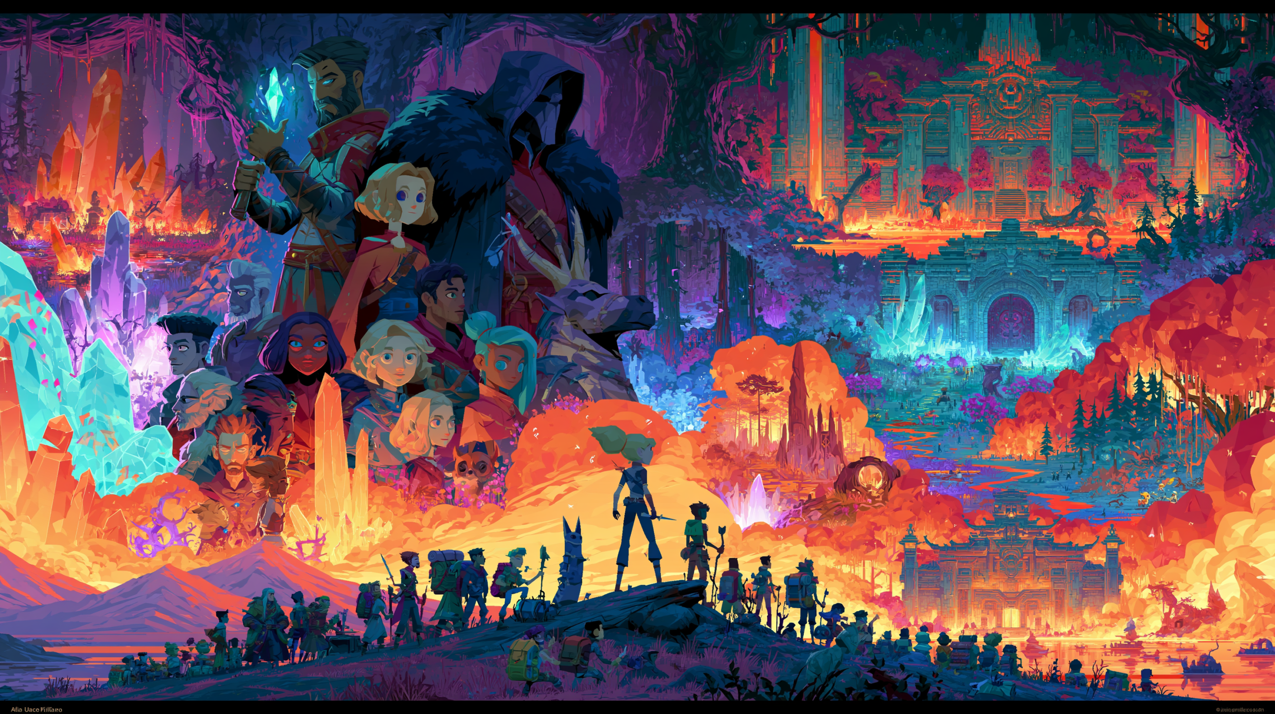 Colagem vibrante de personagens e ambientes de jogos indie de aventura, misturando pixel art retrô com gráficos 3D modernos em paisagem fantástica