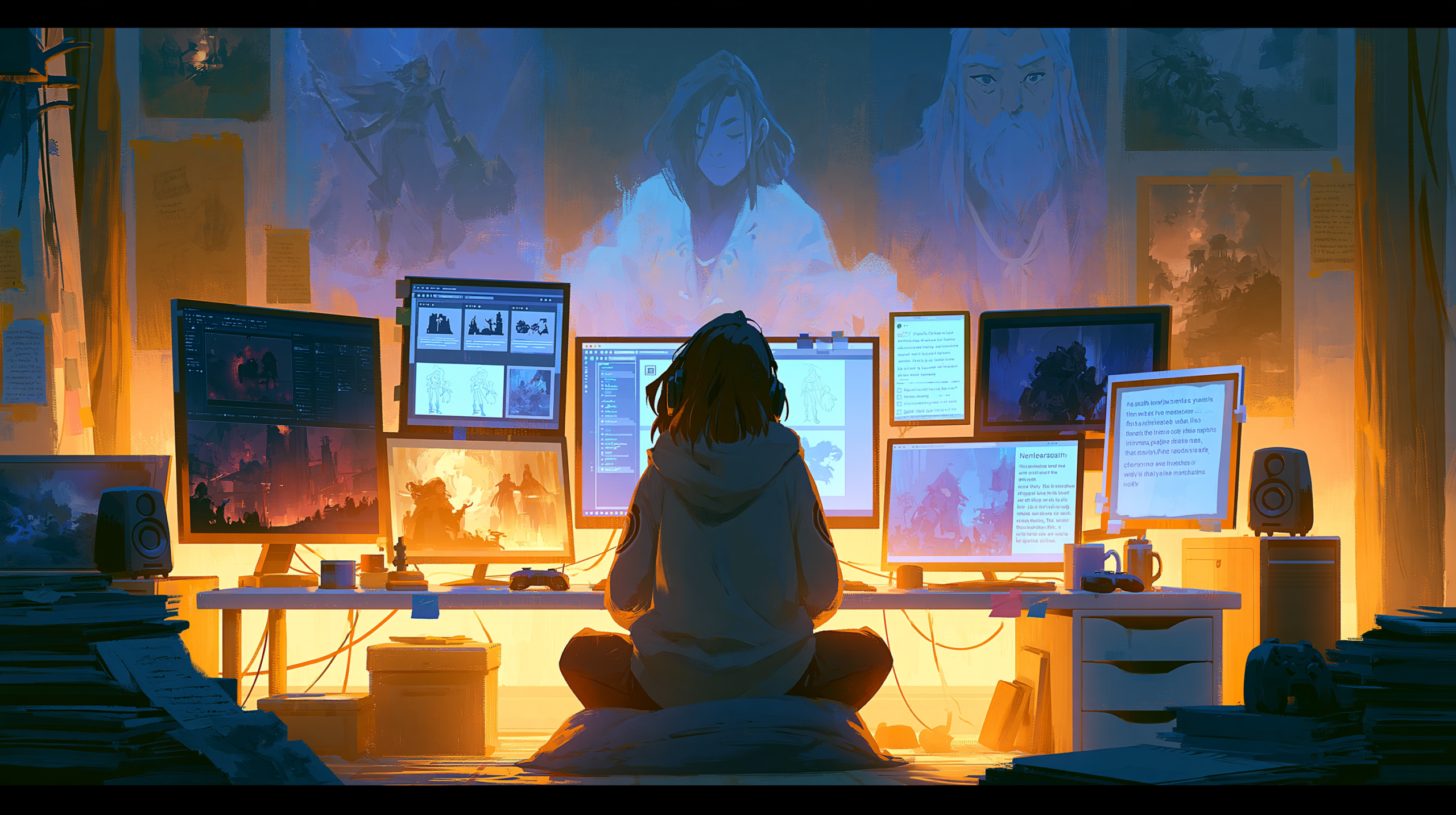 Desenvolvedor indie trabalhando em estúdio criativo com múltiplos monitores mostrando design e narrativa de jogos de aventura