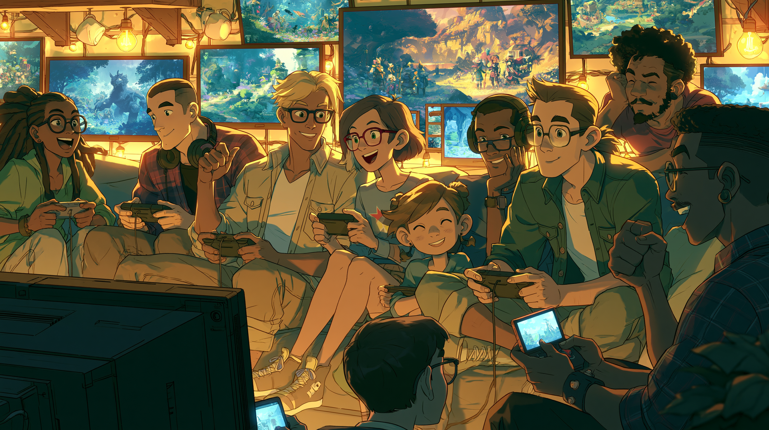 Comunidade diversa de jogadores experimentando jogos indie de aventura em ambiente colaborativo e acolhedor