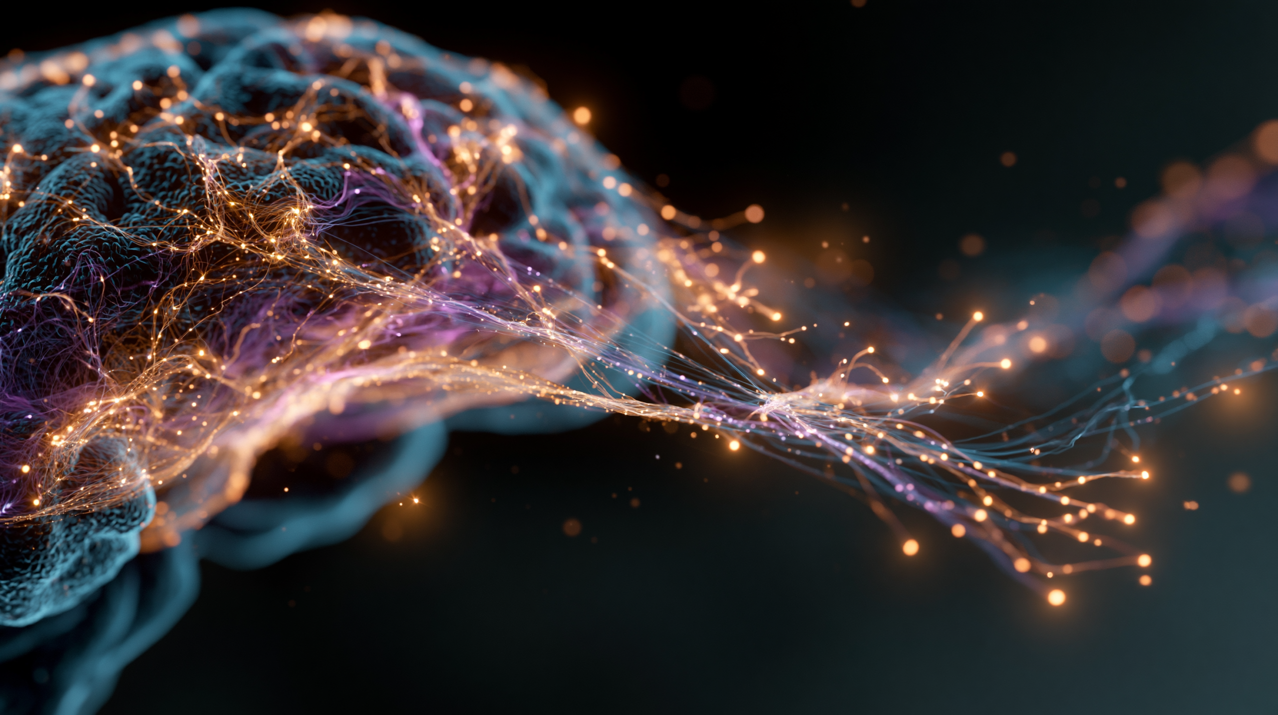 Visualização de rede neural com nós conectados em azul e roxo, representando memória e raciocínio lógico