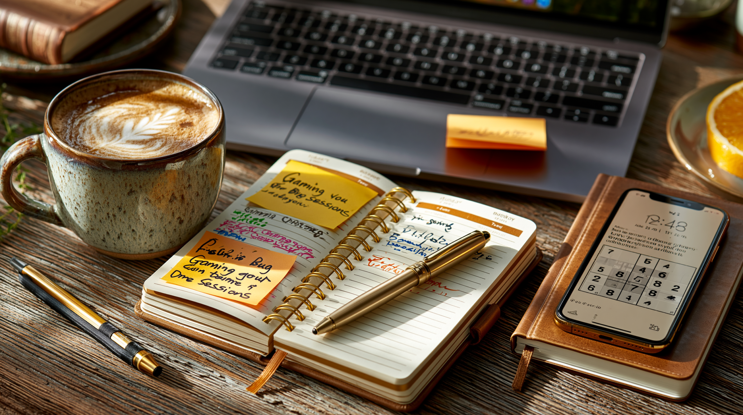 Planejamento diário com anotações de sessões de jogos, smartphone com Sudoku e materiais de estudo organizados