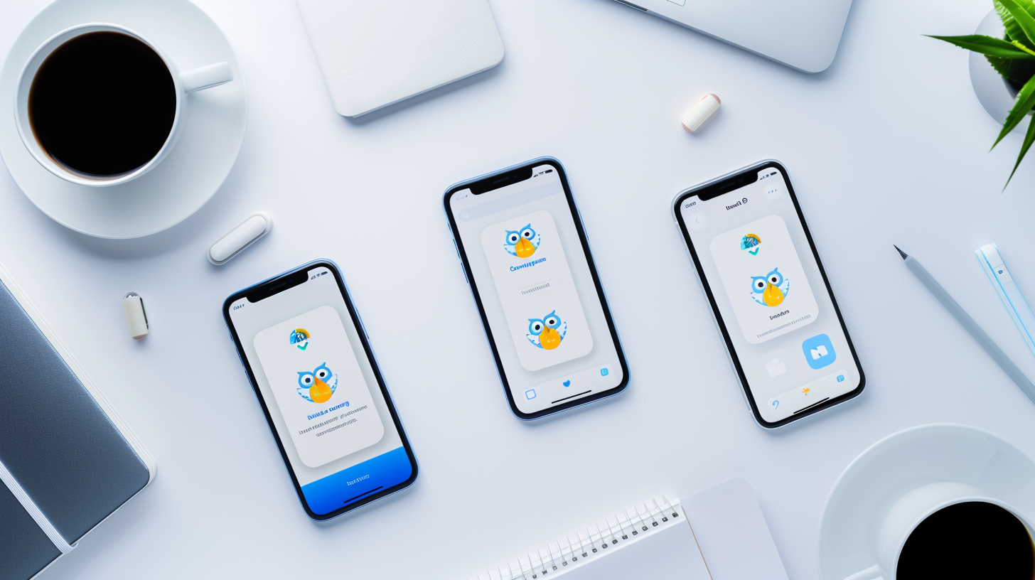 Quatro smartphones exibindo diferentes aplicativos para aprender inglês em 2026: Duolingo, Drops, Hello English e LangLandia, com interfaces distintas e elementos gamificados visíveis nas telas
