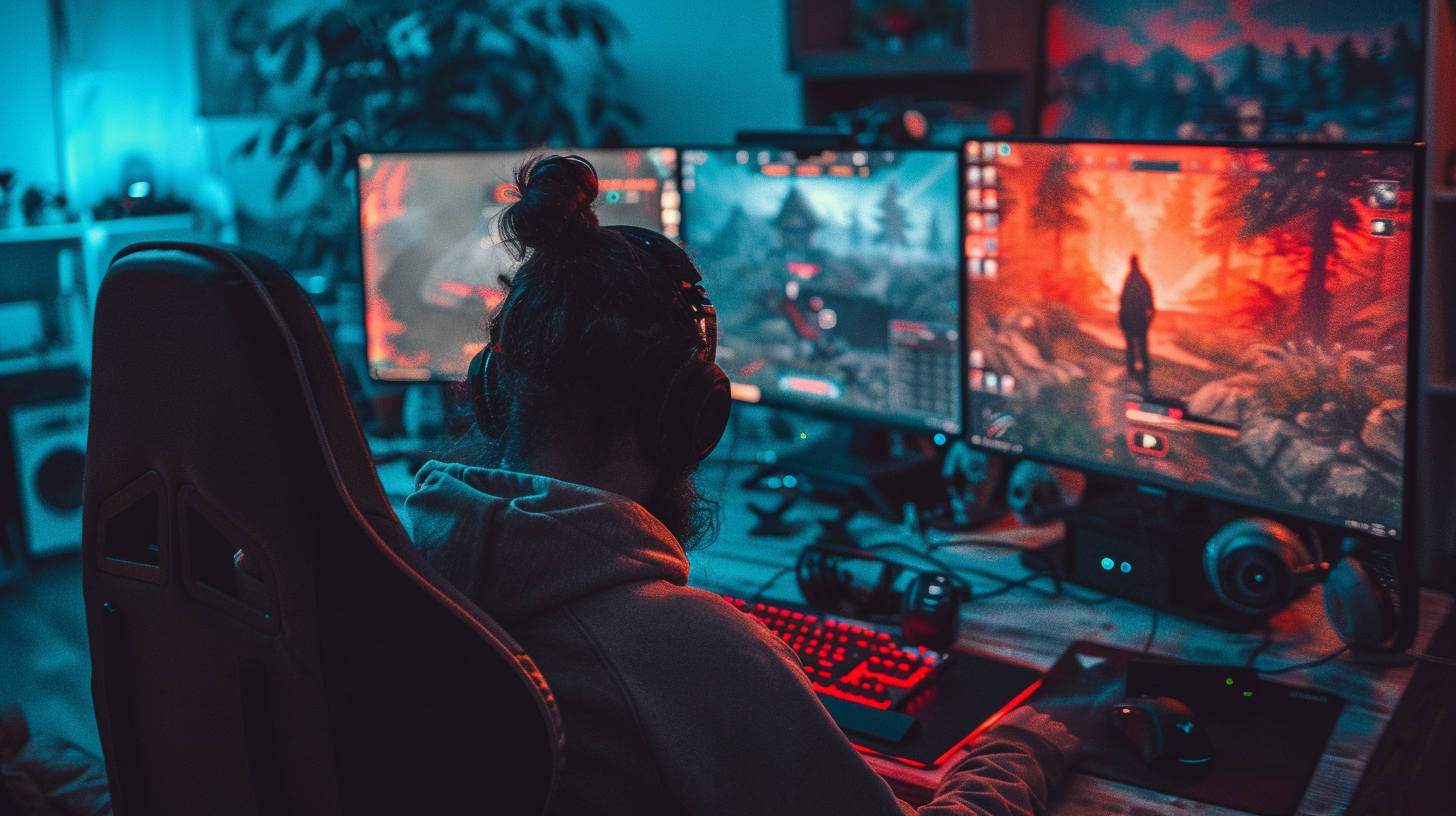 Jogador em setup de gaming com múltiplos monitores exibindo videogames como The Witcher 3, Skyrim e Stardew Valley, com diálogos em inglês e legendas visíveis na tela