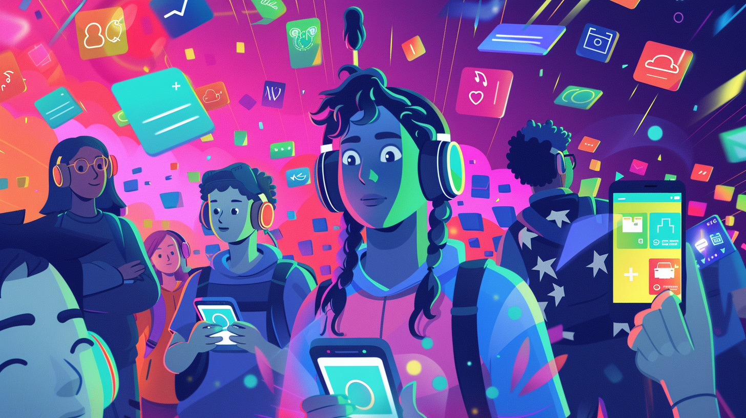 Ilustração de pessoas aprendendo inglês através de jogos interativos em dispositivos móveis, com badges de conquista e elementos gamificados flutuando ao redor