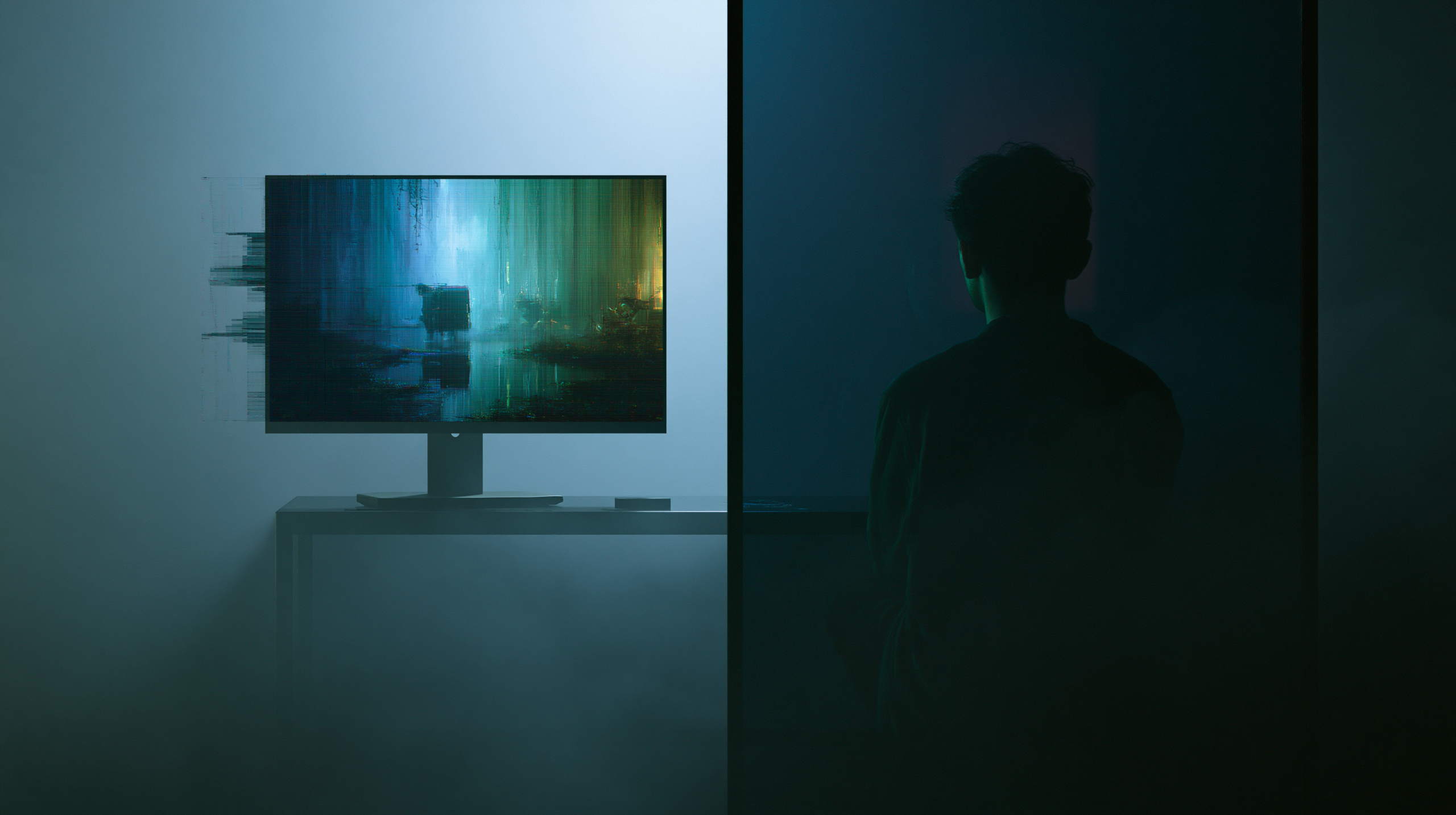 Composição atmosférica de computador com tela escura refletindo silhueta de jogador em cenário de horror psicológico