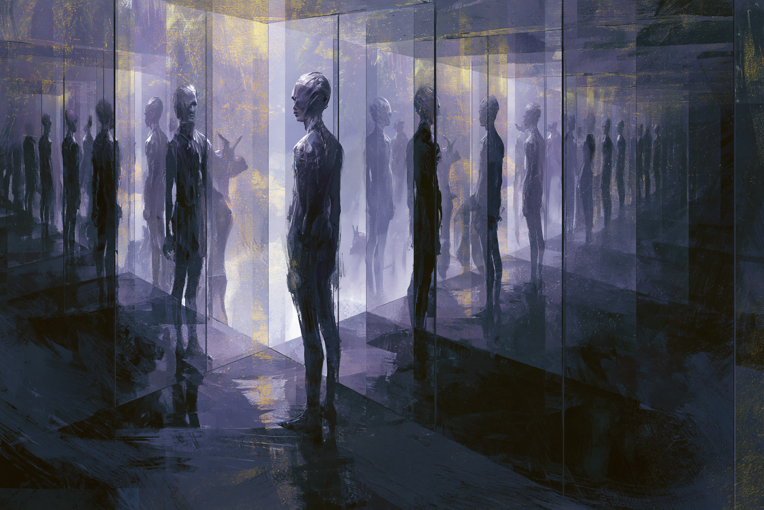 Corredor surreal com figuras fragmentadas refletidas em espelhos infinitos, representando questões existenciais e identidade em jogos de terror psicológico