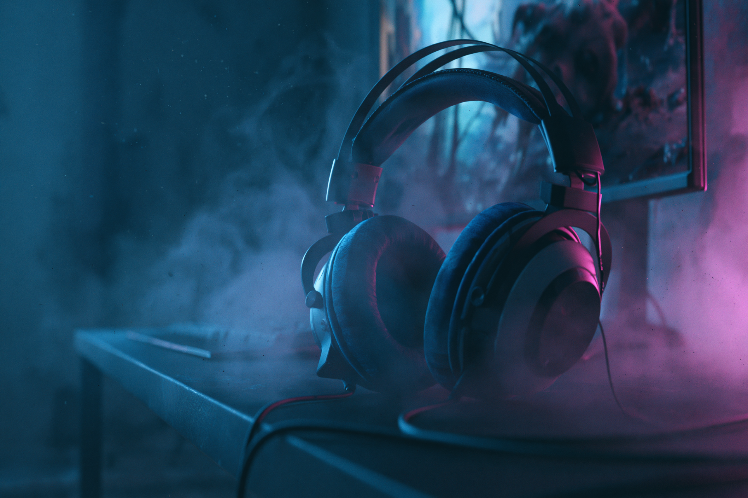 Setup gamer minimalista com fones de ouvido e monitor em ambiente escuro iluminado por luz azul e roxa