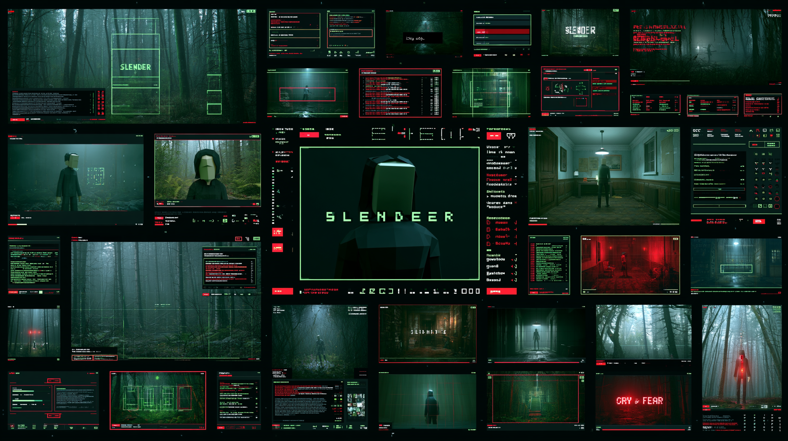 Composição visual mostrando interfaces de jogos de terror leve como Slender, Cry of Fear e títulos indie de horror em grid organizado