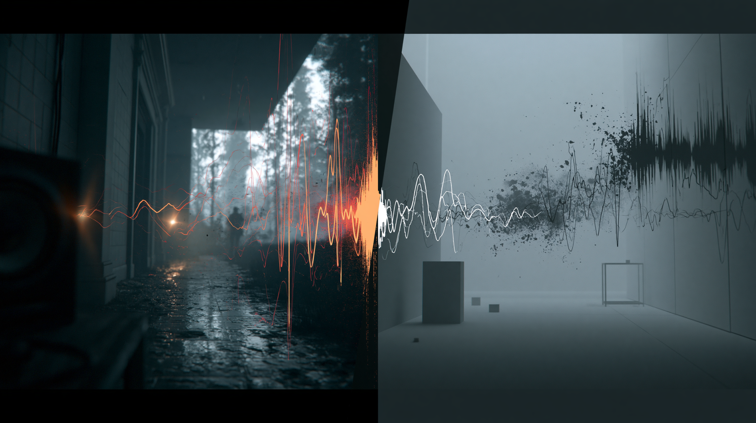 Comparação split-screen entre PC gamer high-end e setup low-end, destacando visualização de som e atmosfera psicológica equivalentes