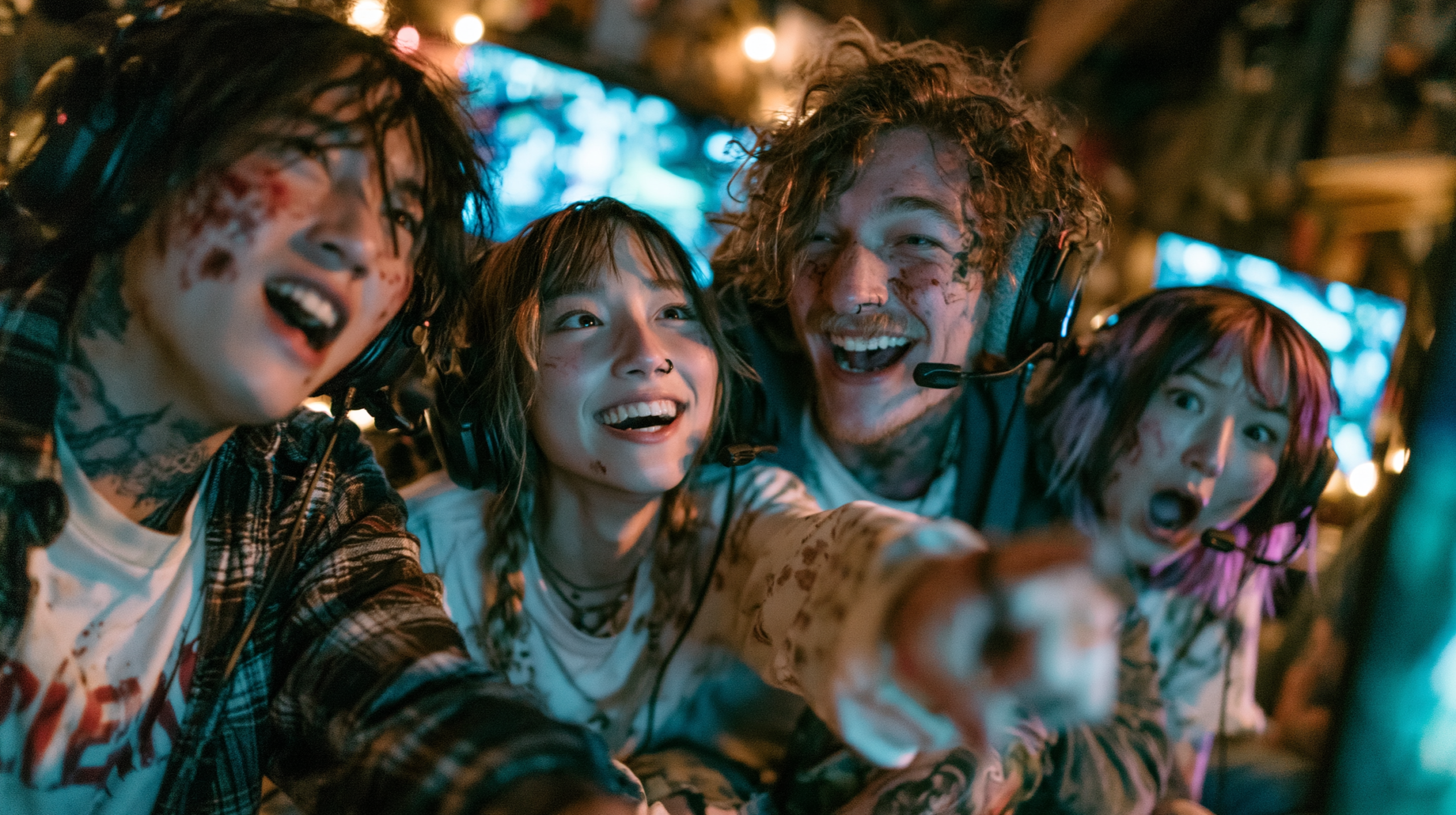 Quatro amigos jogando juntos em um jogo de terror multiplayer, com expressões de medo e diversão simultâneas