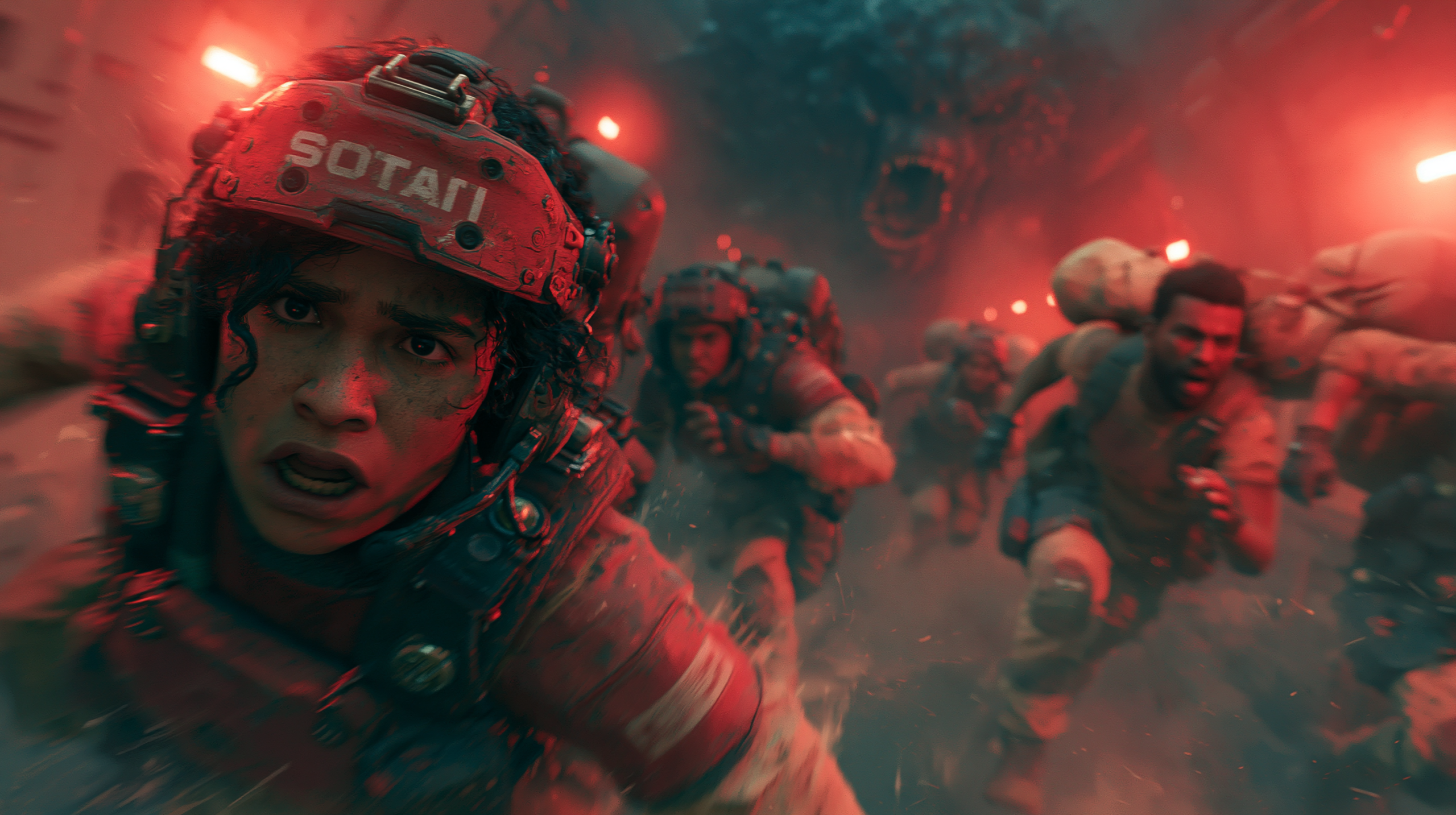 Jogadores em pânico correndo de uma criatura alienígena em uma instalação escura durante jogo de sobrevivência multiplayer
