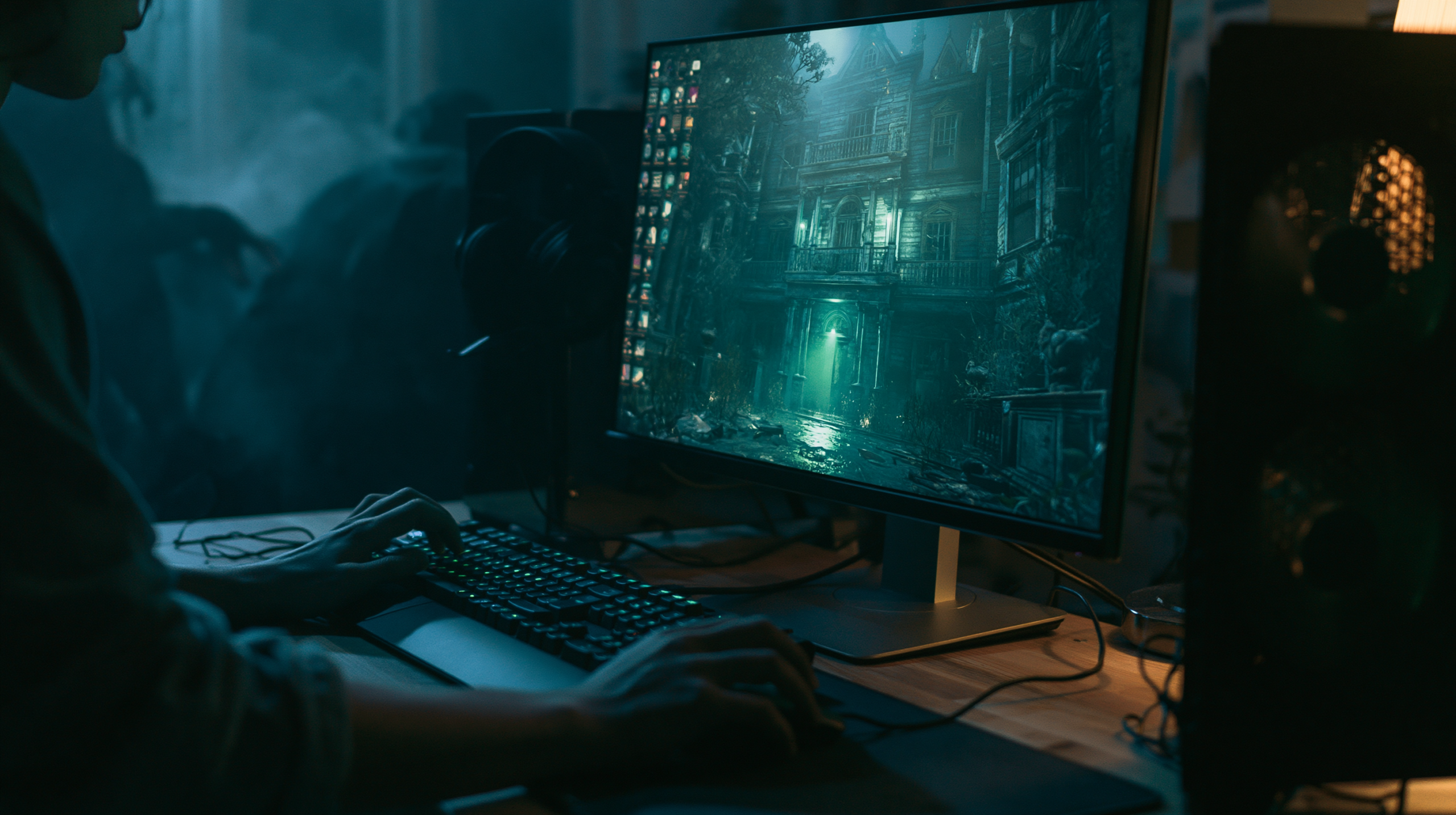 Configuração de PC gamer com jogo de survival horror em monitor, luz verde refletindo no ambiente escuro com teclado mecânico visível
