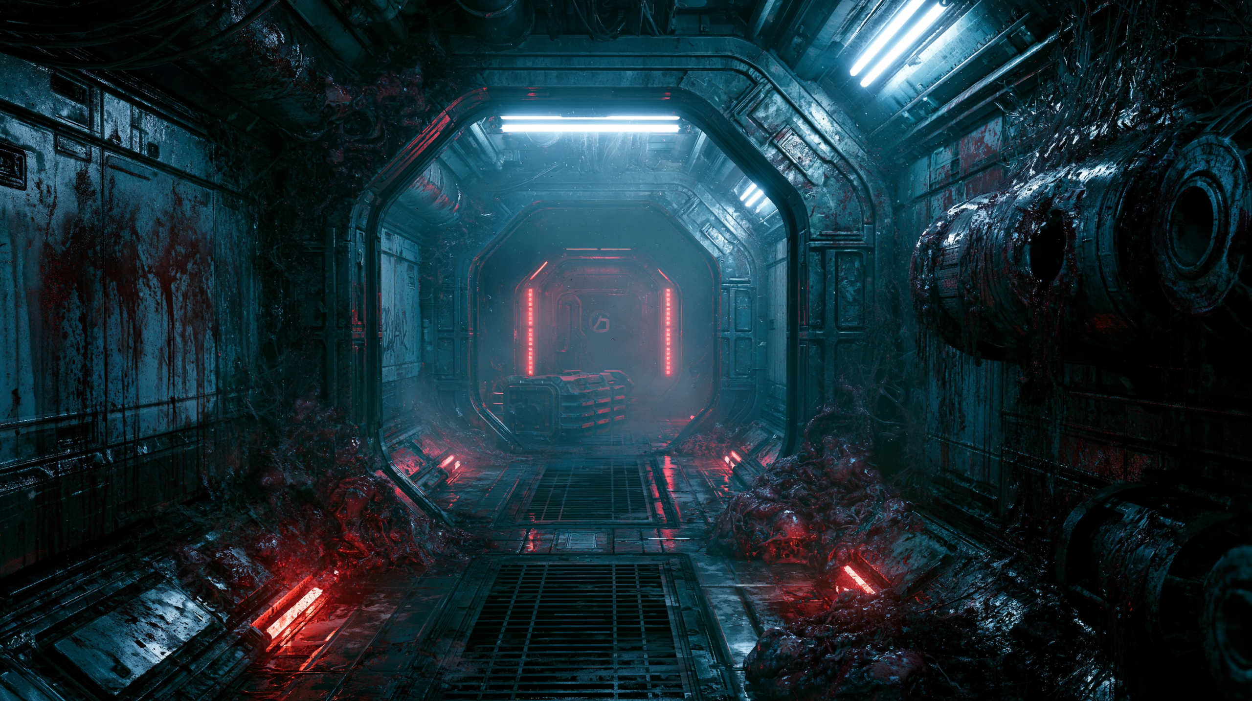 Interior de nave espacial deteriorada com paredes metálicas iluminadas por luzes azuis, biomassa alienígena e atmosfera assustadora