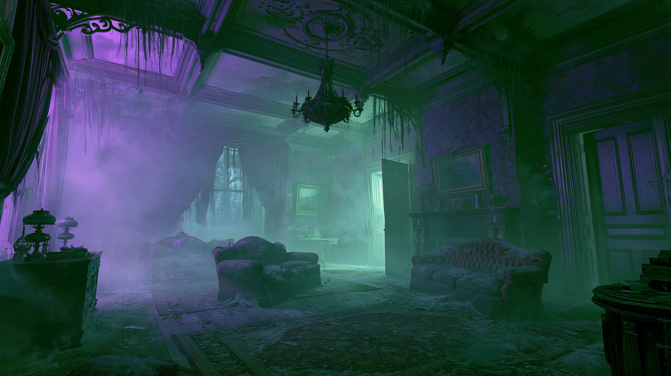 Interior de mansão vitoriana abandonada com móveis deteriorados envoltos em neblina roxa e verde, com paredes distorcidas criando sensação de realidade fragmentada