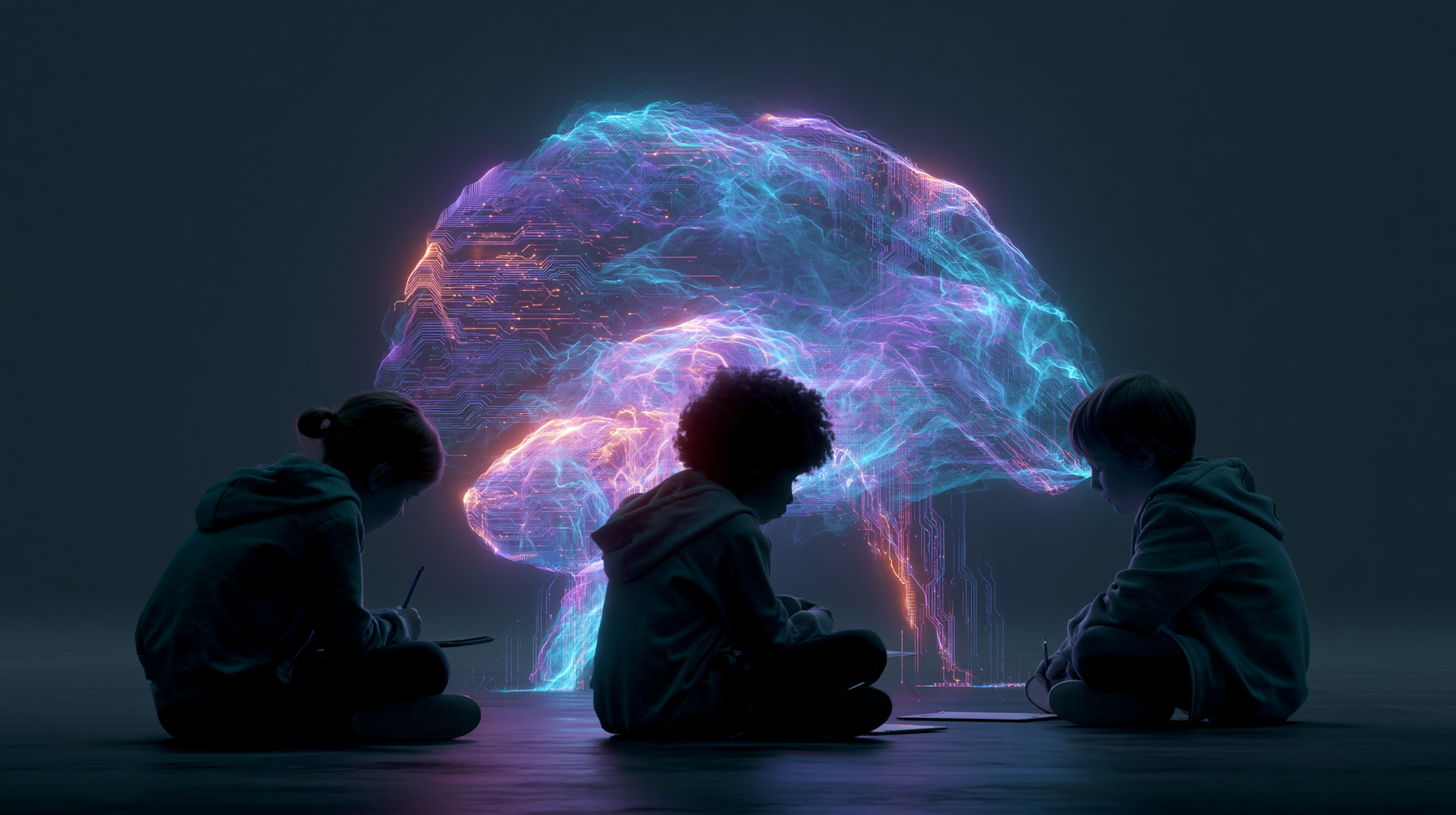Ilustração abstrata do desenvolvimento cognitivo infantil com redes neurais brilhantes e circuitos de aprendizado digital