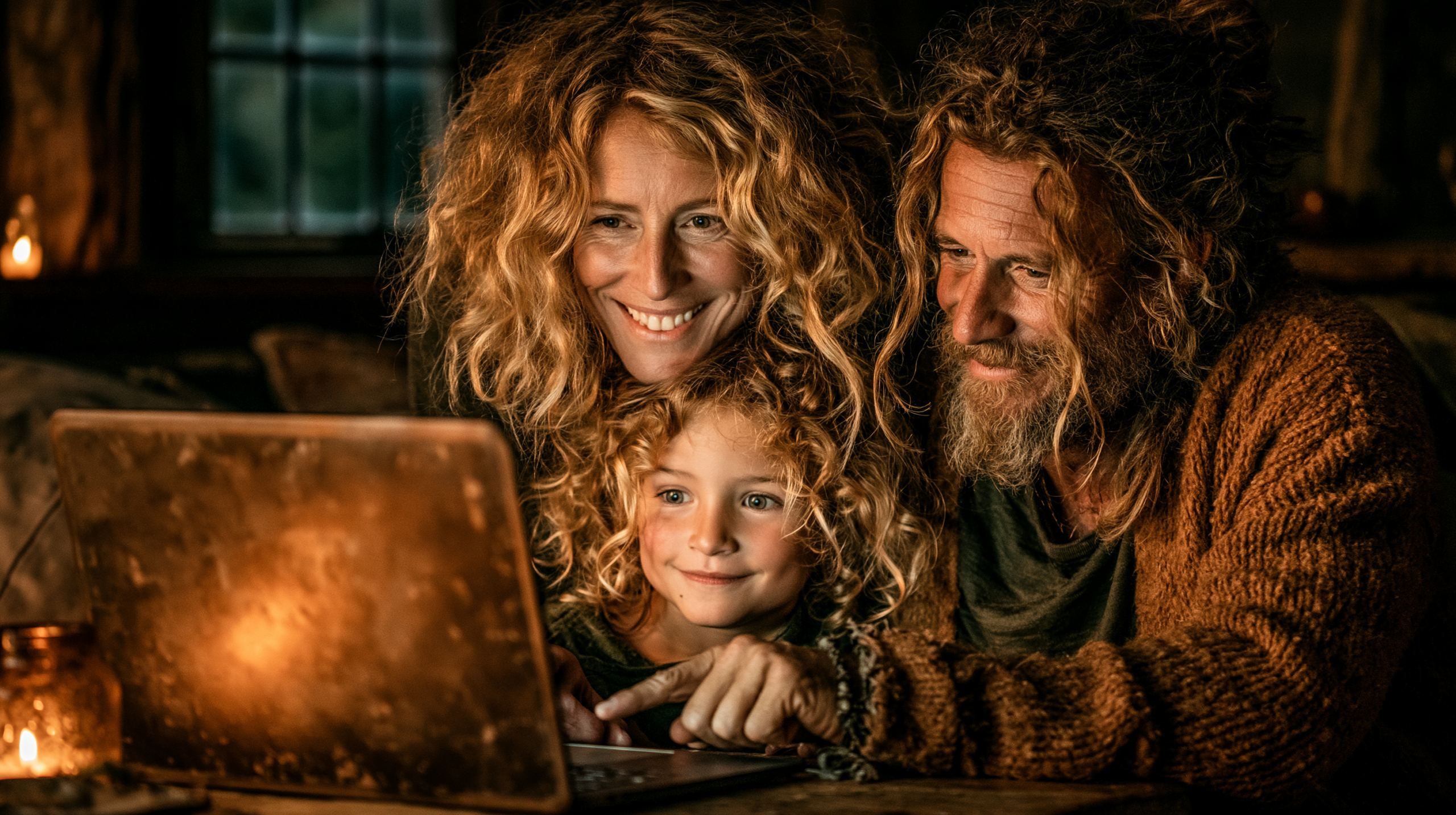 Pai e filho escolhendo jogos educativos online juntos no computador em ambiente acolhedor e confortável