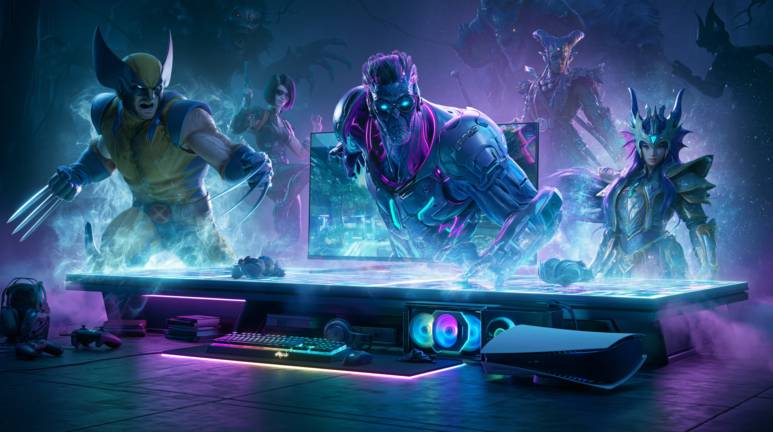 Épica montagem de gaming com setup de PS5 futurista exibindo personagens holográficos de jogos 2026 incluindo Wolverine, guerreiro sci-fi, personagem Dragon Quest e criatura horror em ambiente com iluminação neon azul e roxa
