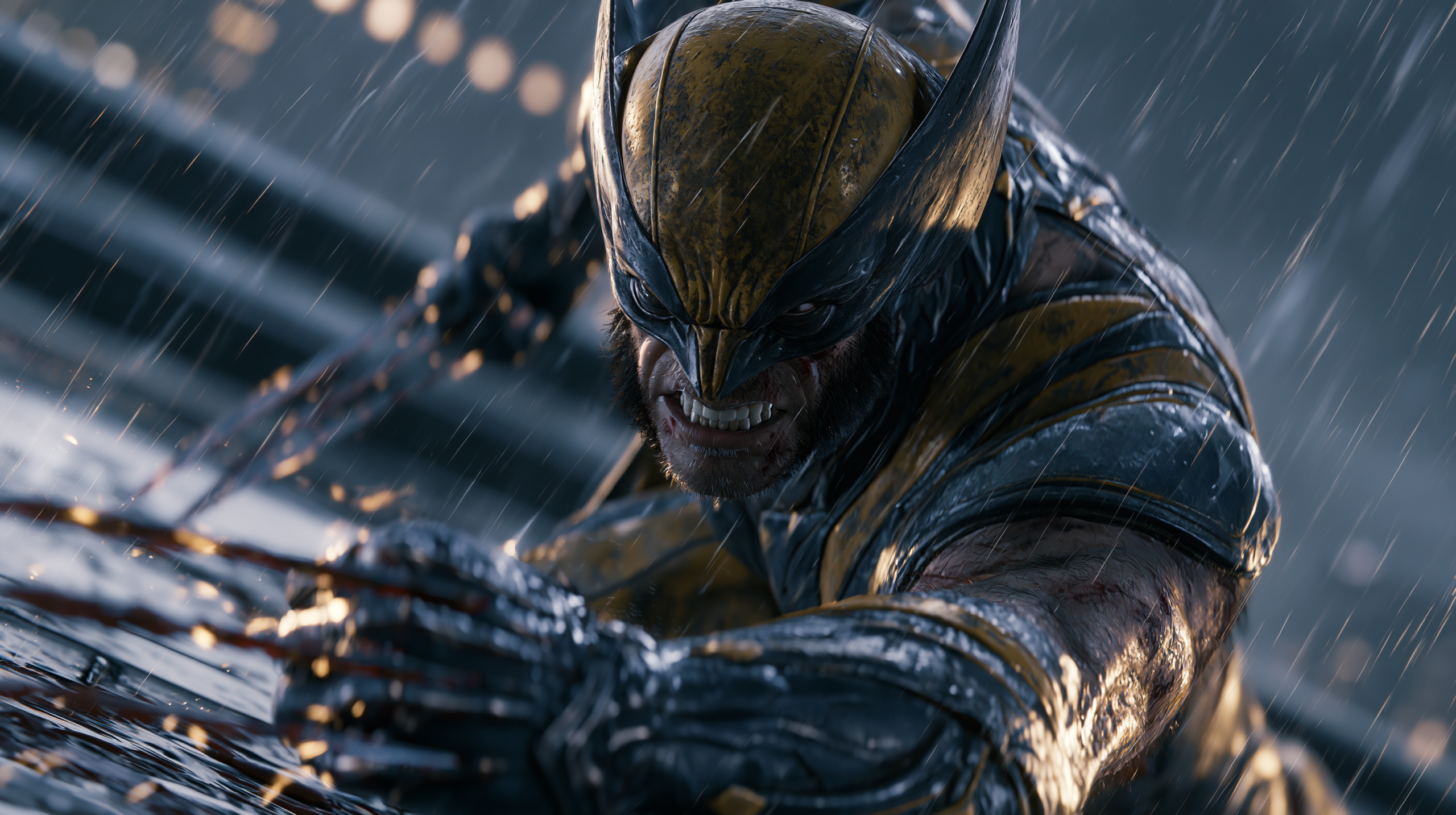 Wolverine em pose de combate feroz com garras estendidas em movimento dinâmico, iluminação cinematográfica sombria, ambiente de telhado urbano com chuva