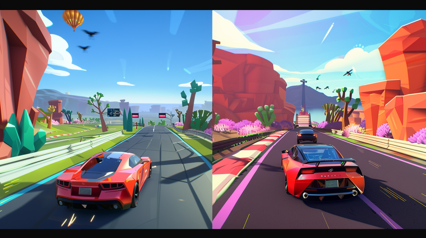 Comparação lado a lado de dois jogos arcade: Horizon Chase Turbo e Race Arcade em gameplay