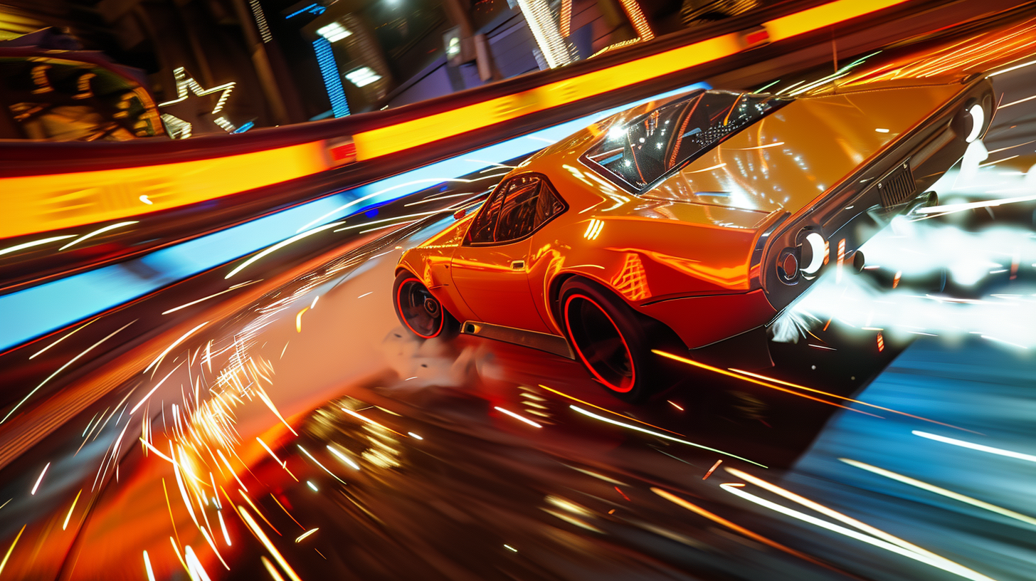 Mecânica de drift em jogo arcade com fumaça neon e efeitos de velocidade intensos