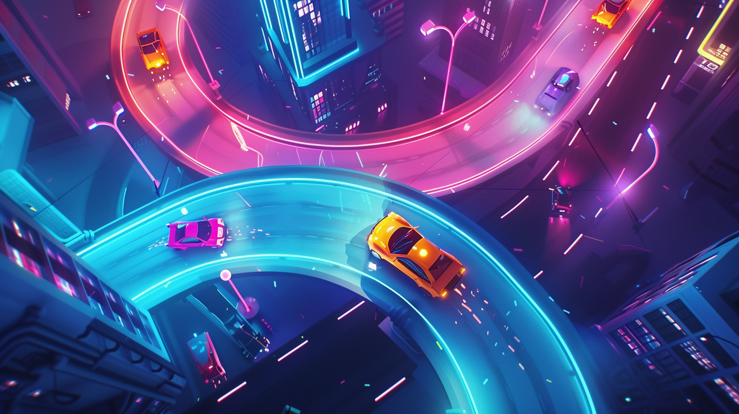 Carros de corrida arcade coloridos em pista neon com drift dinâmico em perspectiva de cima para baixo
