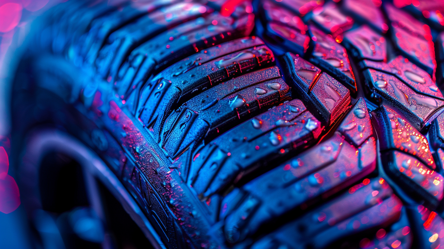 Pneu de corrida com padrão de desgaste visível e sobreposição térmica mostrando distribuição de temperatura em gradiente vermelho-azul em pista de asfalto