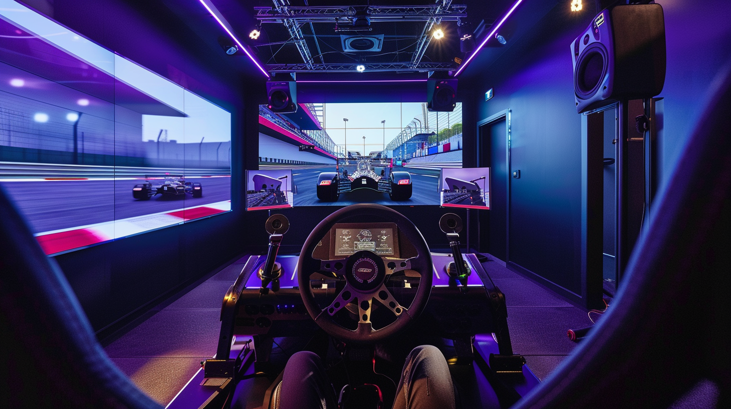 Setup profissional de simulador de corrida com volante direct-drive em sala de jogo com iluminação ambiente azul, exibindo jogo de corrida realista em monitor de alta resolução