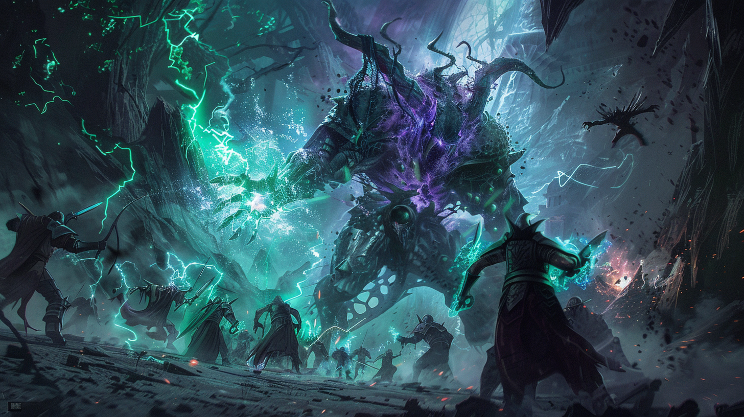 Equipe de aventureiros em combate coordenado contra um chefe épico em dungeon de RPG multiplayer