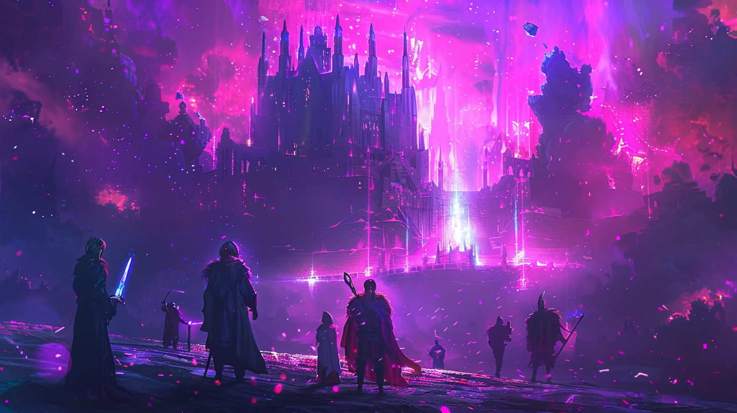 Grupo de aventureiros em um mundo de RPG multiplayer com efeitos mágicos e castelo ao fundo