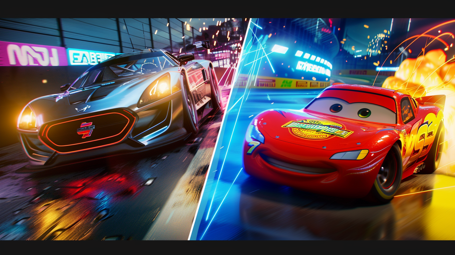 Comparação visual entre simulador realista de corrida e jogo arcade com veículos estilizados e efeitos de nitro, representando diferentes estilos de jogos mobile