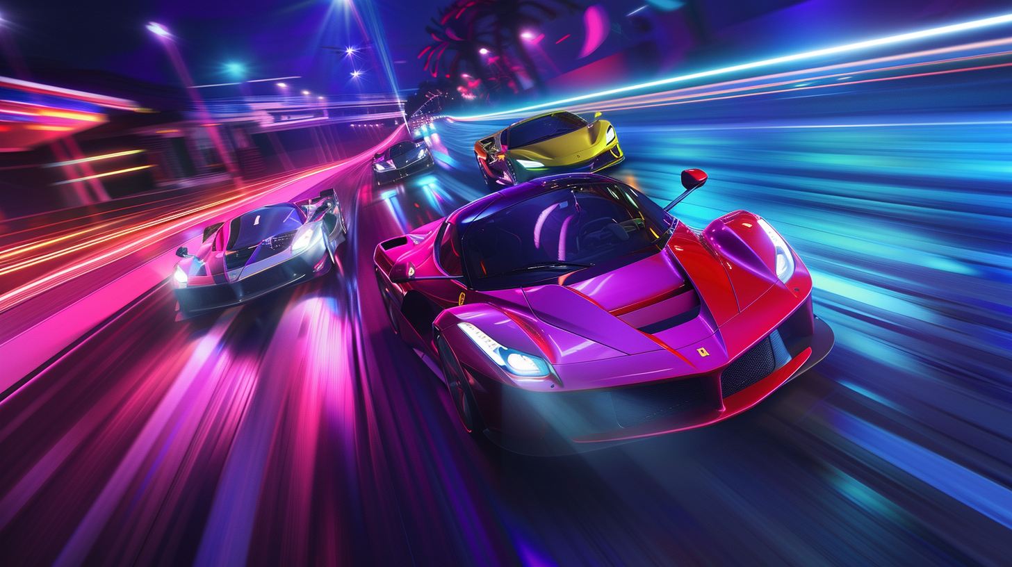 Carros de corrida em alta velocidade em circuito urbano com efeitos de luz neon, capturados em tela de smartphone com jogo de corrida mobile offline