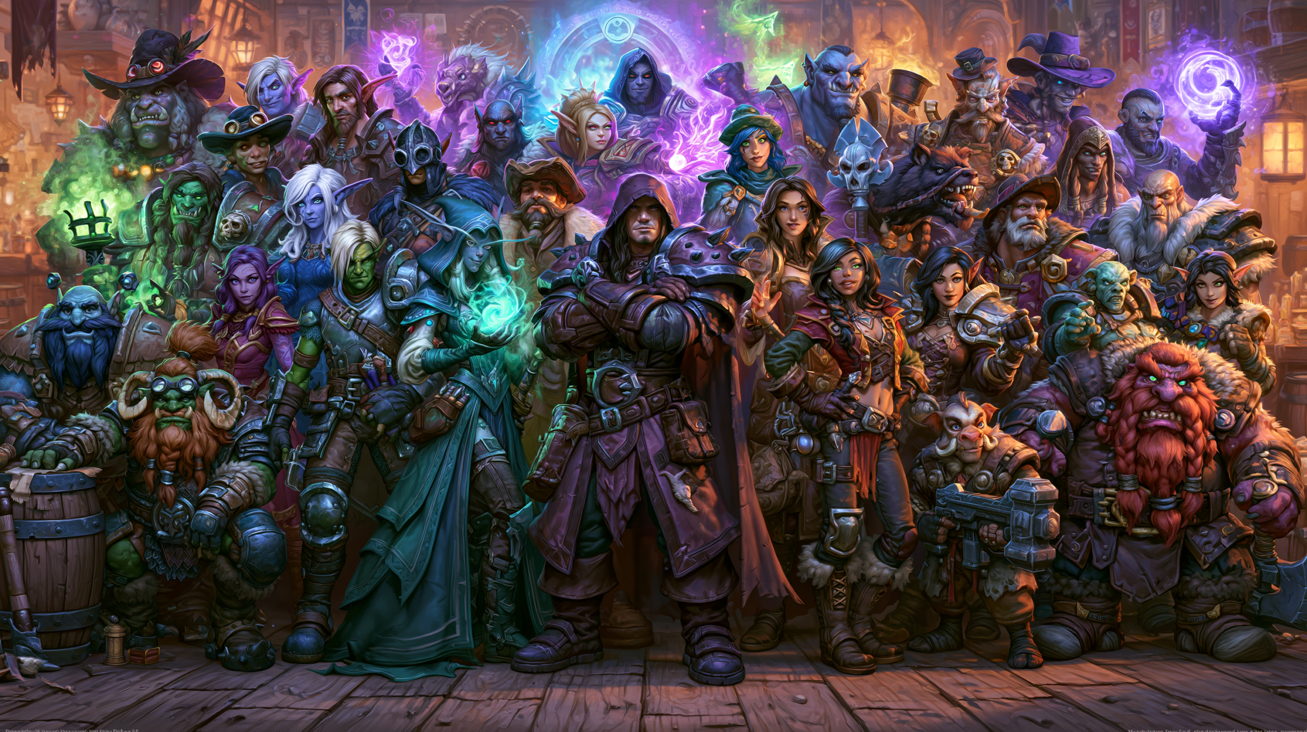 Diversidade de personagens de MMORPGs em browser incluindo guerreiros, magos e arqueiros de diferentes raças, em ambiente de taverna fantástica com auras mágicas coloridas.