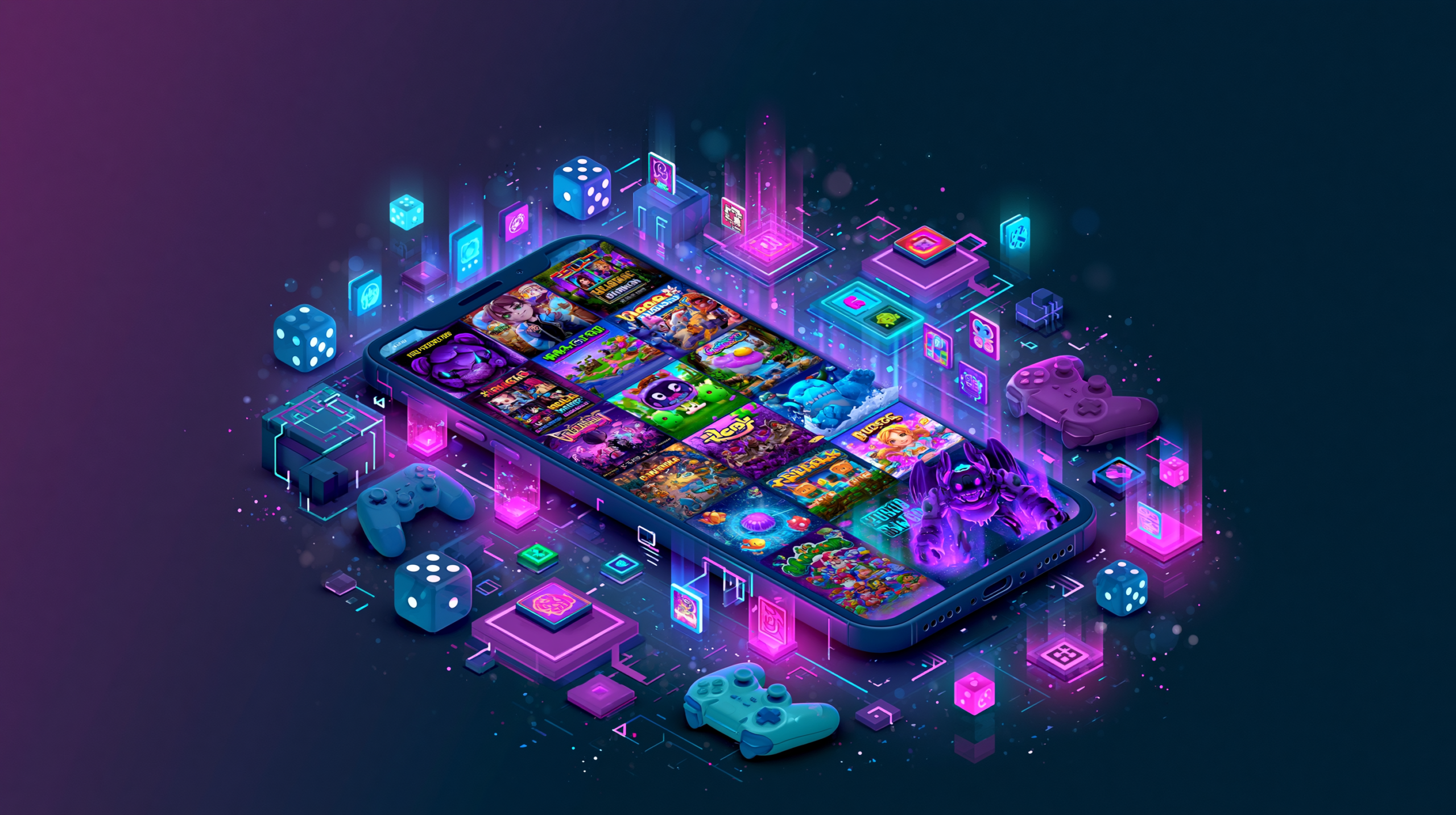 Smartphone colorido exibindo ícones de jogos mobile populares com efeitos neon e partículas digitais ao redor
