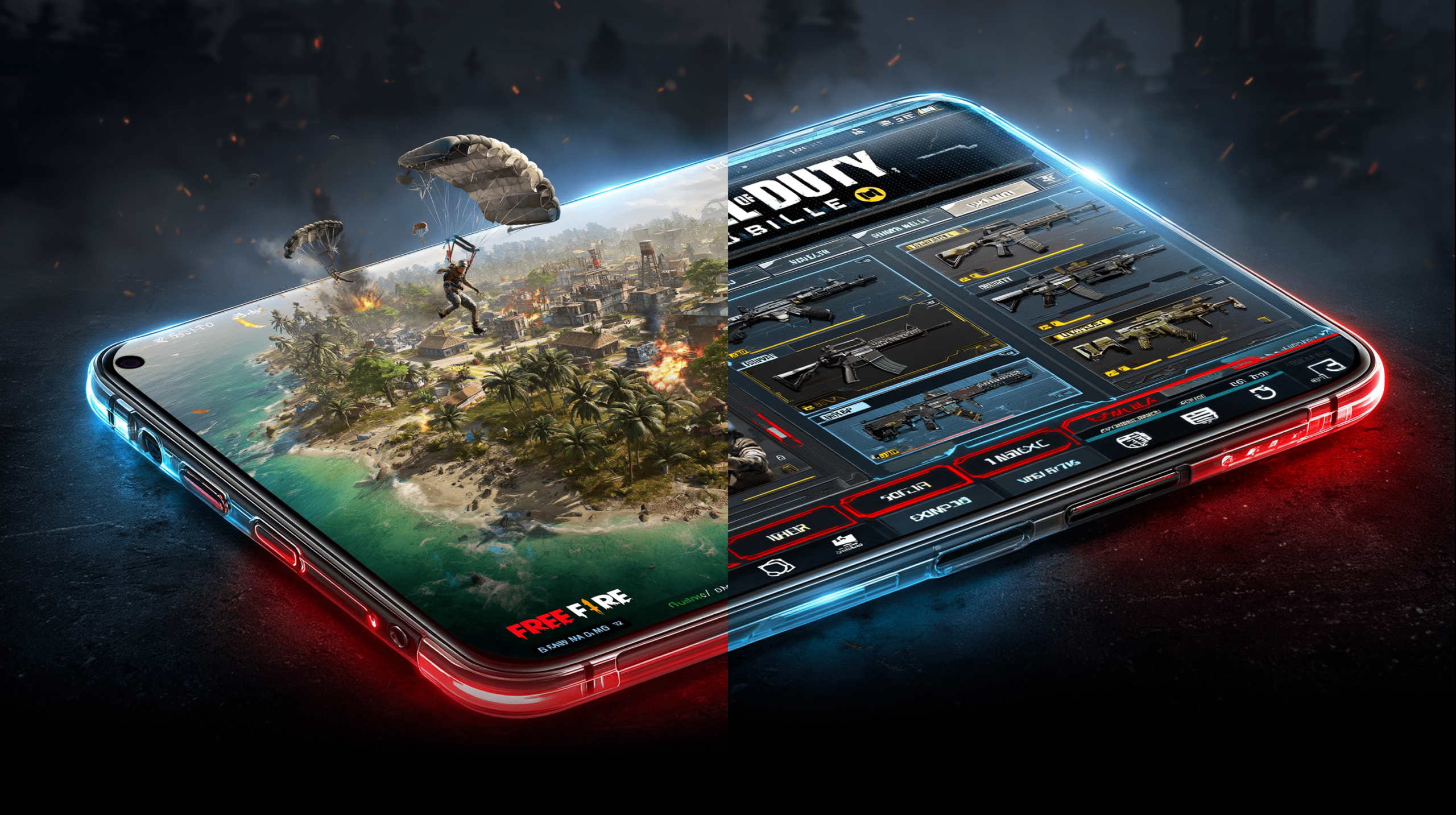 Comparação lado a lado de Free Fire e Call of Duty Mobile com interface de jogo, elementos neon azuis e vermelhos em atmosfera competitiva