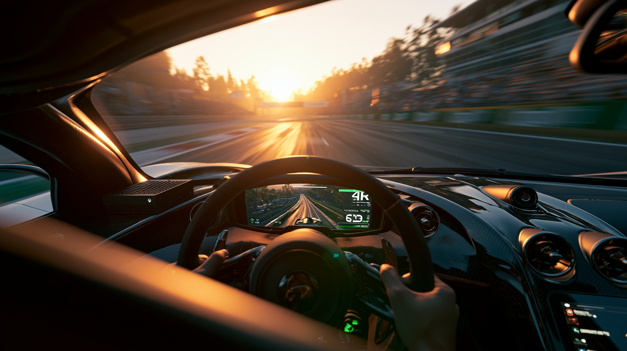 Visão interior realista de cockpit de carro de corrida de alta performance durante simulação em pista de Monza no pôr do sol, com foco em volante e vista da pista