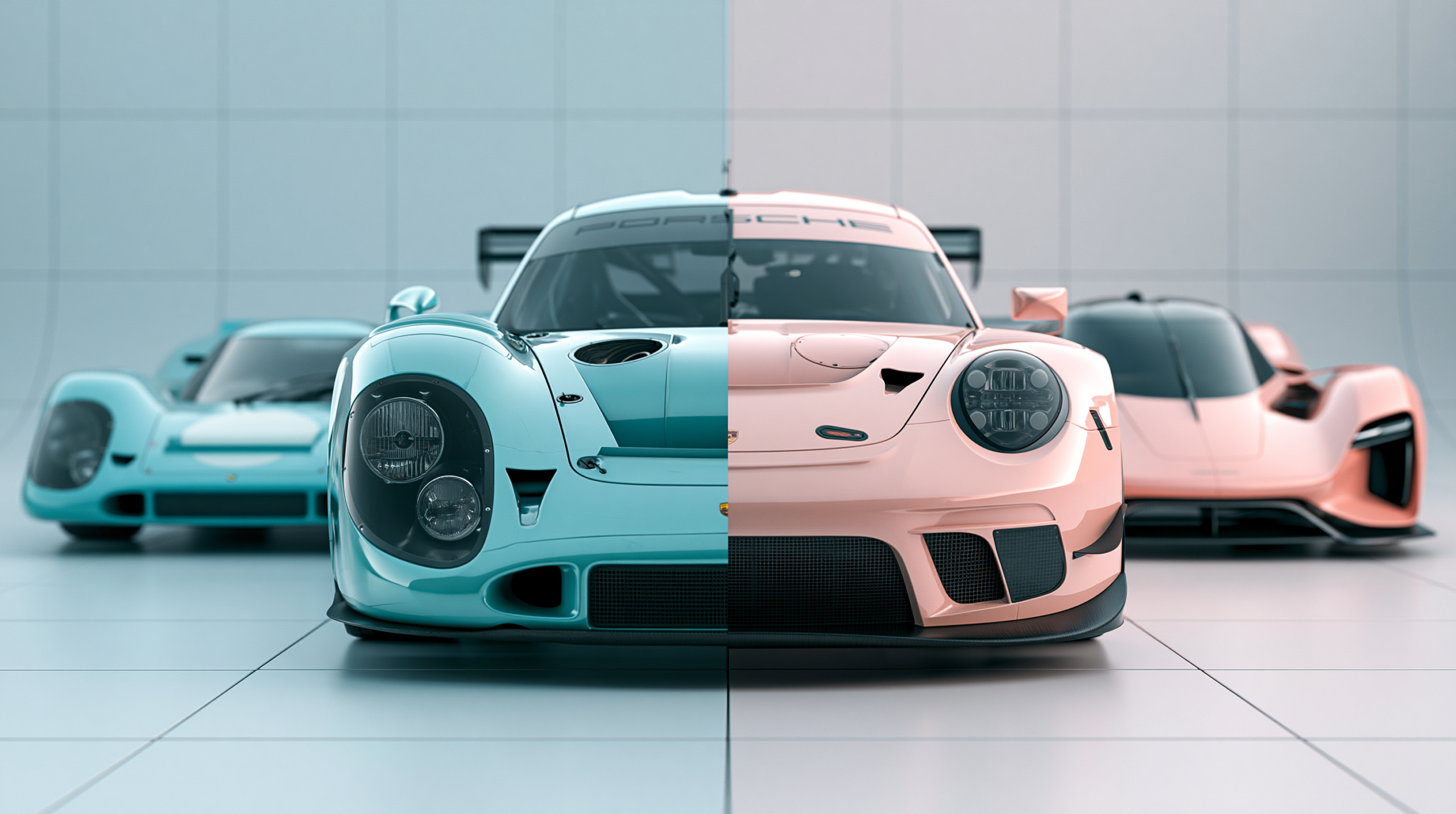 Comparação visual de três gerações de carros de corrida (clássico anos 1960, GT3 moderno, hipercarro futurista) posicionados em circuitos mundialmente famosos com renderização em 4K