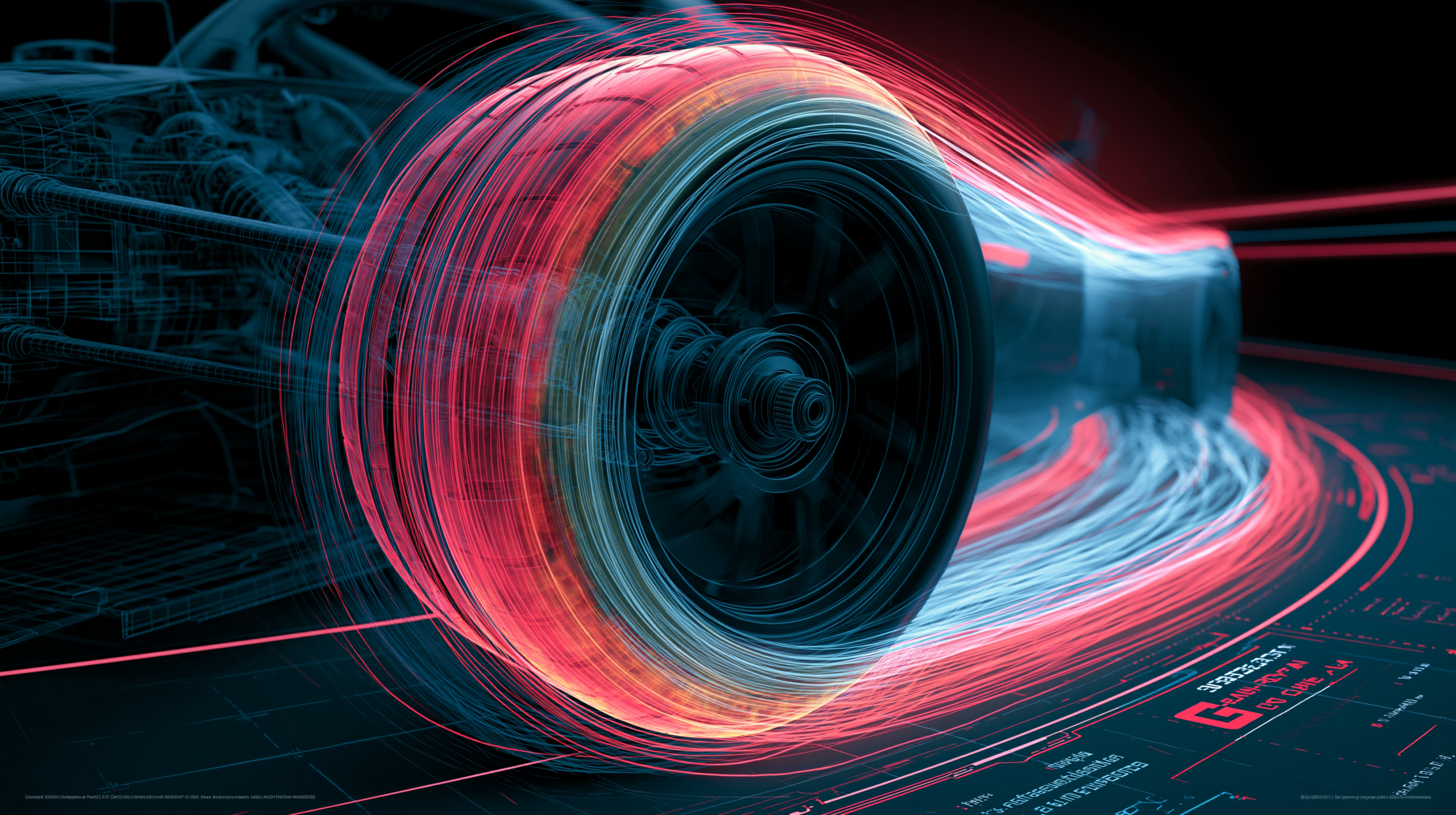 Visualização técnica em corte transversal de suspensão de carro de corrida e dinâmica de pneu durante curva em alta velocidade, com fluxo aerodinâmico e zonas de grip destacadas em cores térmicas