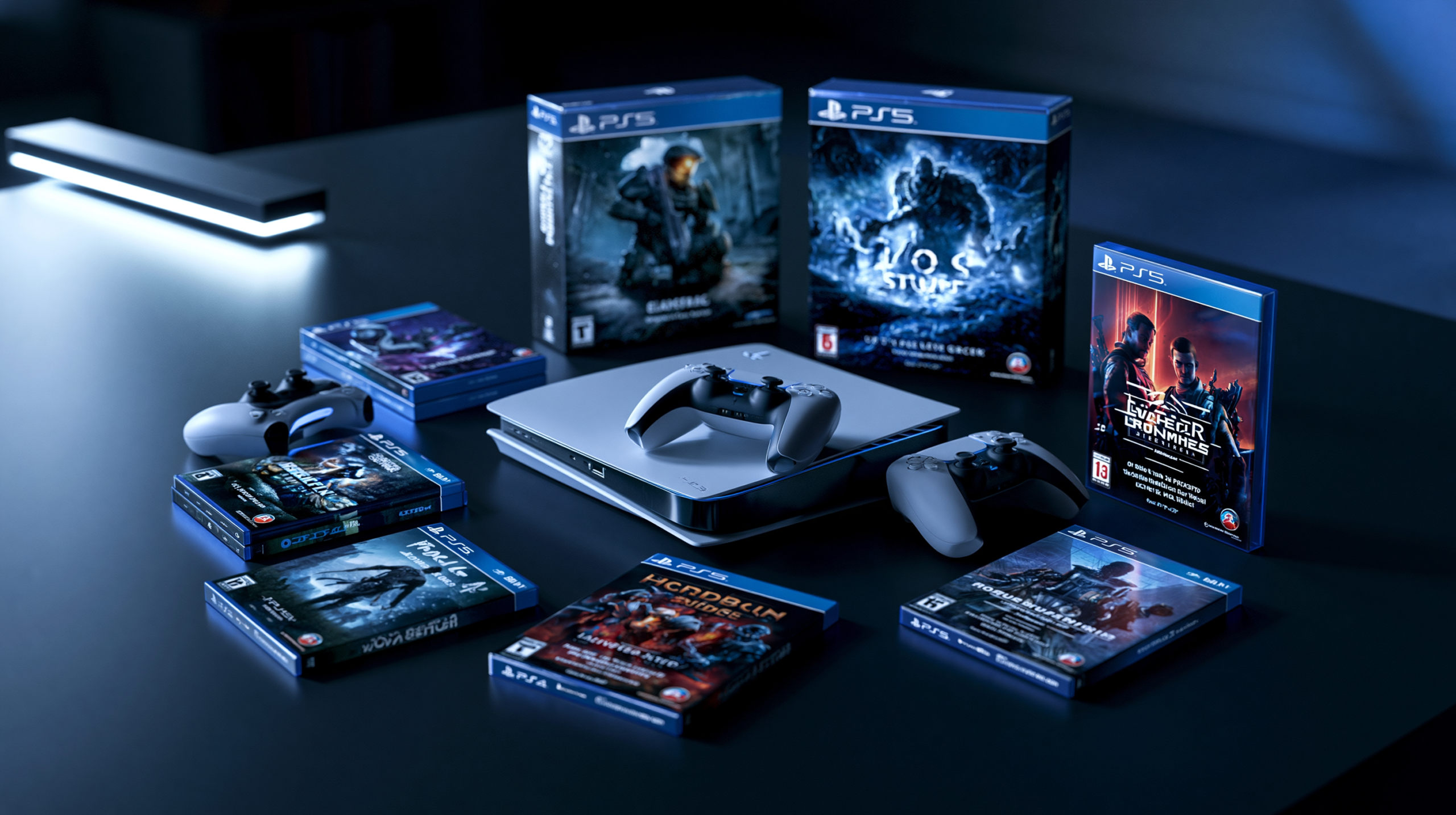 Coleção de jogos exclusivos para PS5 com controles e caixas de jogos exibidos em uma composição plana de alta qualidade.