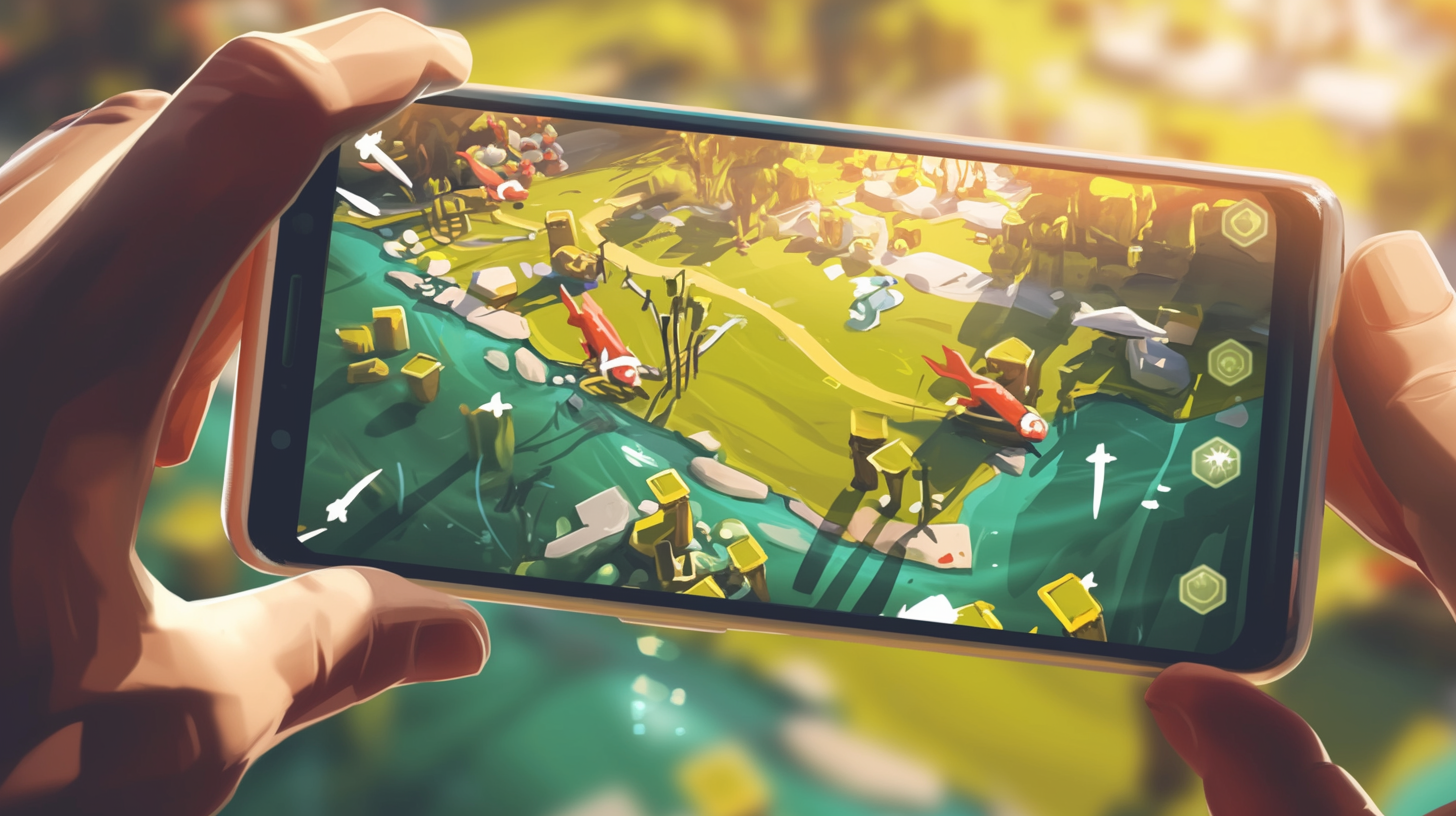Smartphone colorido mostrando múltiplos jogos mobile em execução simultânea, com interface vibrante e limpa.