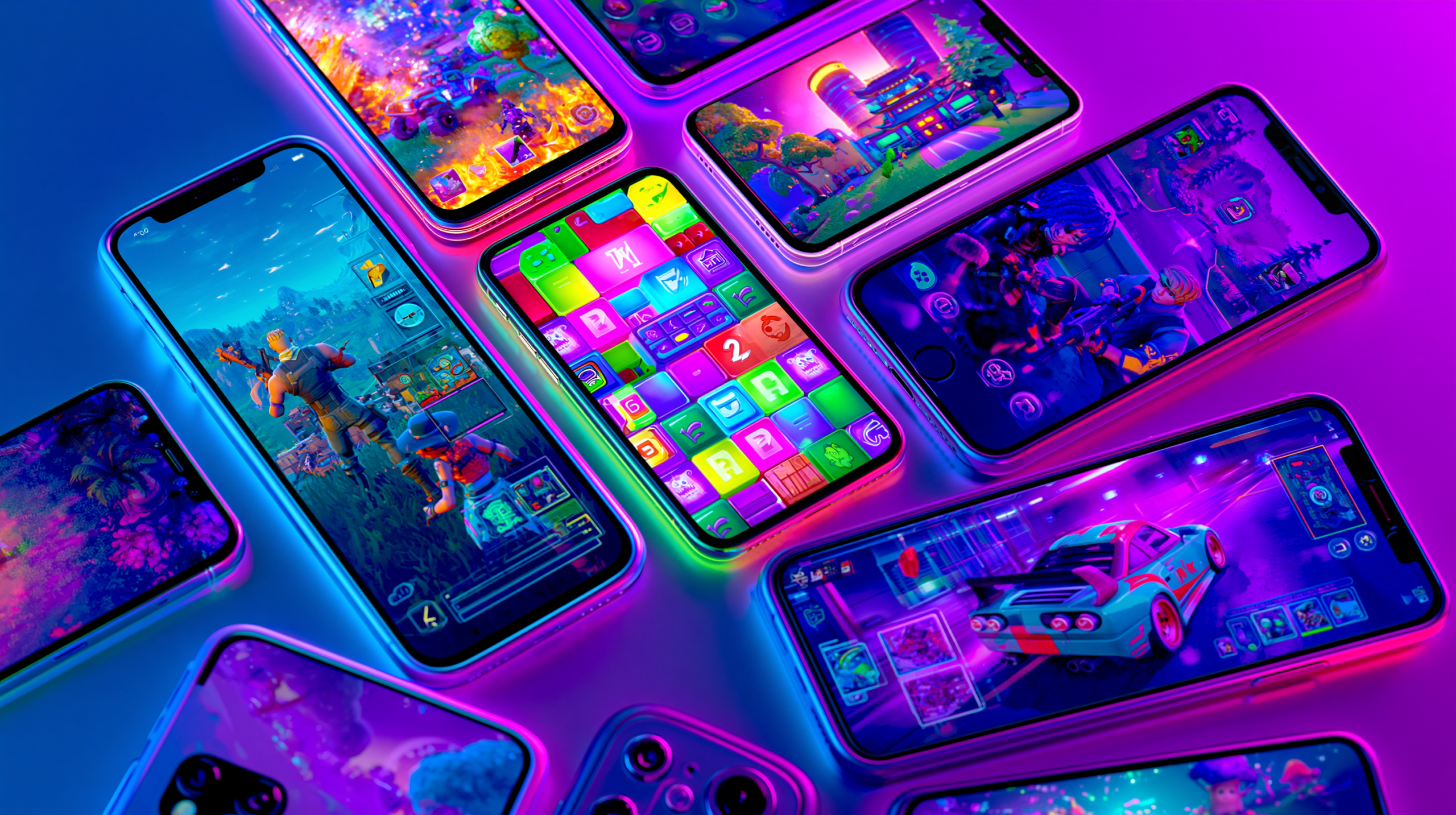 Cinco smartphones diferentes exibindo interfaces coloridas de jogos multiplayer para celular, incluindo battle royale, puzzle e corrida, dispostos em padrão sobreposto contra gradiente azul e roxo.