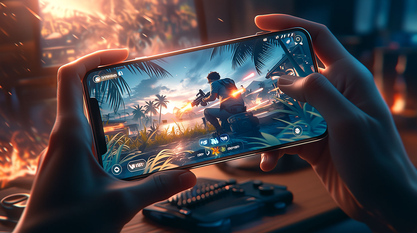 Smartphone em close-up exibindo gameplay intenso de Free Fire com personagem em ação em mapa tropical, sendo segurado em posição de grip de jogo. Título: Free Fire - Jogabilidade em Smartphone