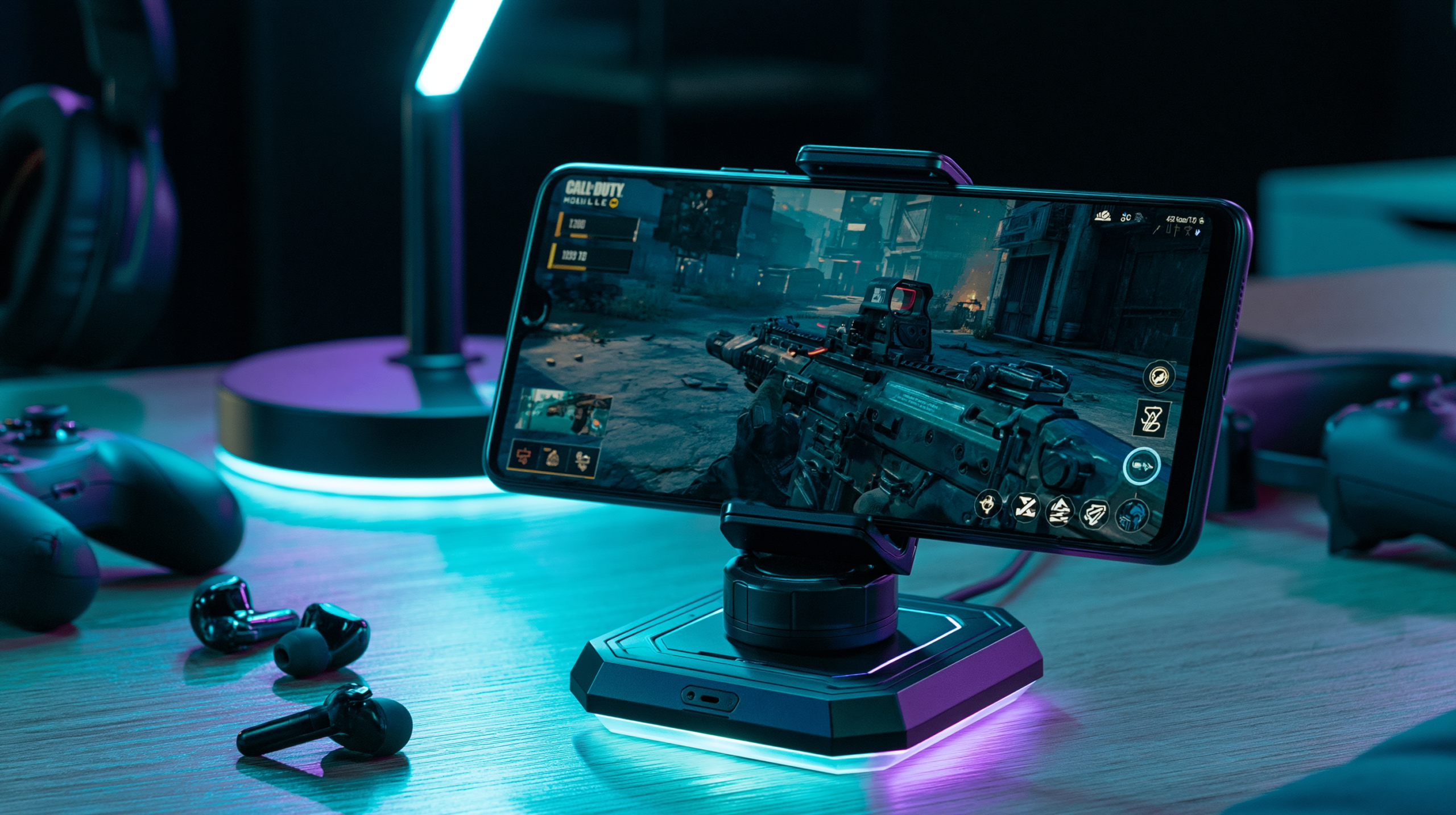 Setup profissional de esports com smartphone exibindo interface FPS do Call of Duty: Mobile, acompanhado de periféricos de gaming e iluminação LED colorida.
