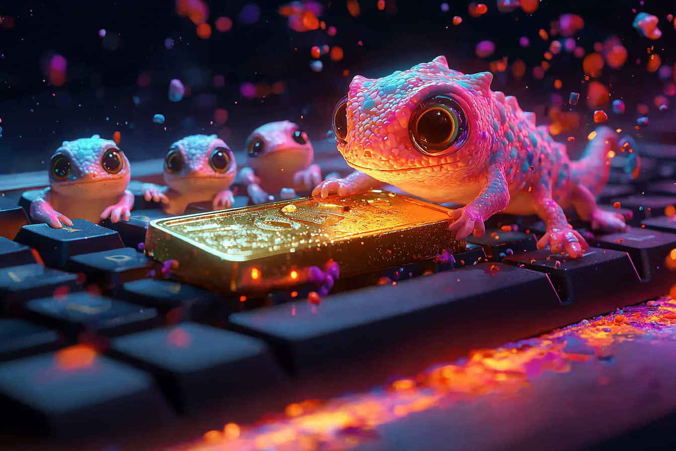 Steam key dourada de MECCHA CHAMELEON sendo disputada por personagens camaleão em mesa de gaming com RGB